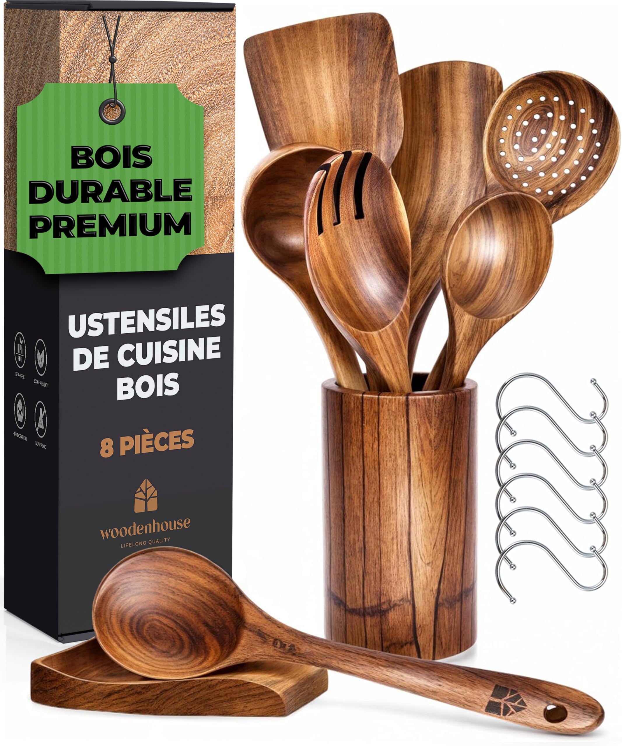 Ustensiles en Bois de Teck avec Support et Repose Cuillère - Cuillères et Spatule pour la Cuisine - Naturels et Sains Antiadhésifs - Ensemble 13 Pièces Certifié ClimatePartner
