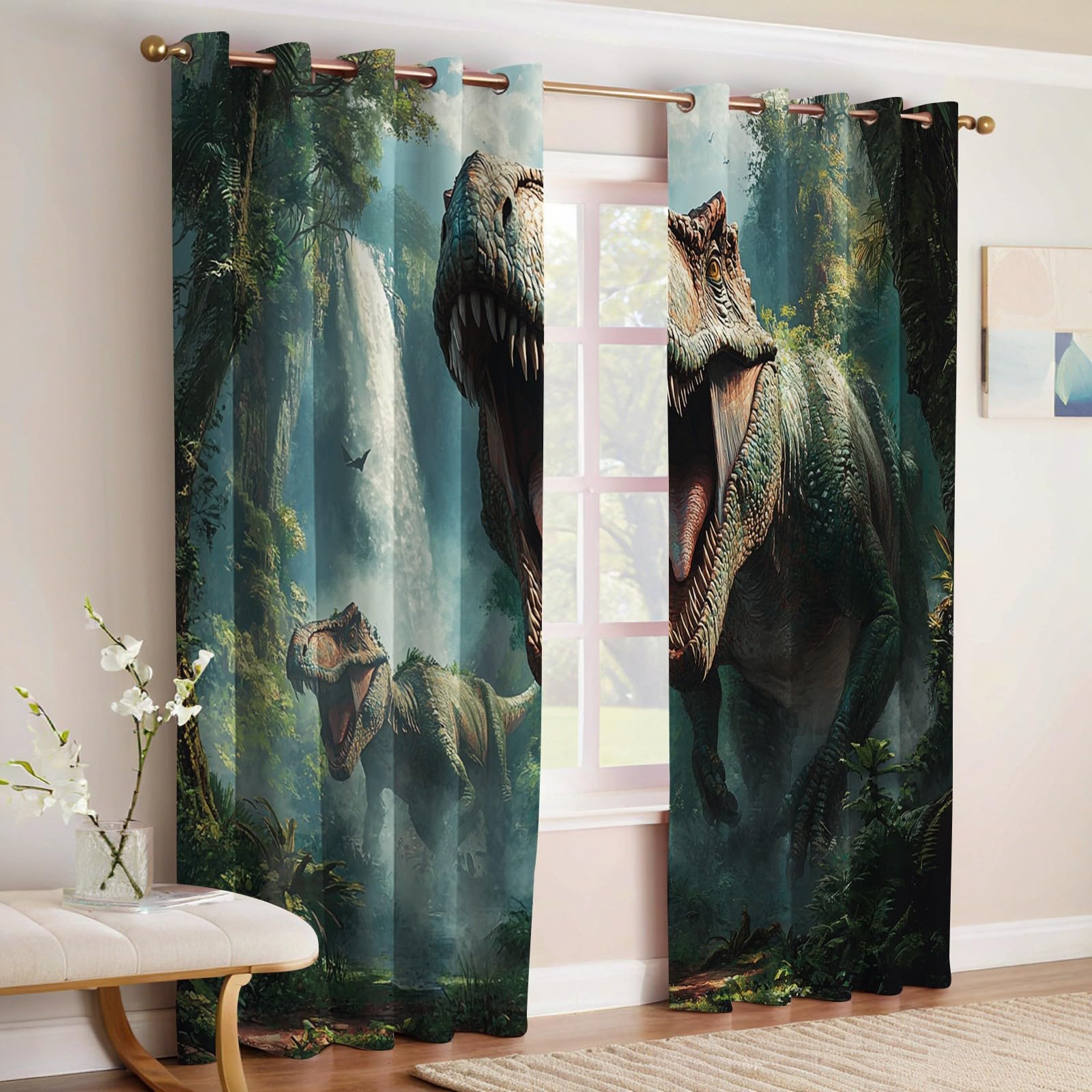 Rideaux Thermiques Animaux Dinosaures Lot de 2 Occultants Phoniques et Anti Froid avec Œillets Vert pour Chambre et Salon 140L X 245H cm