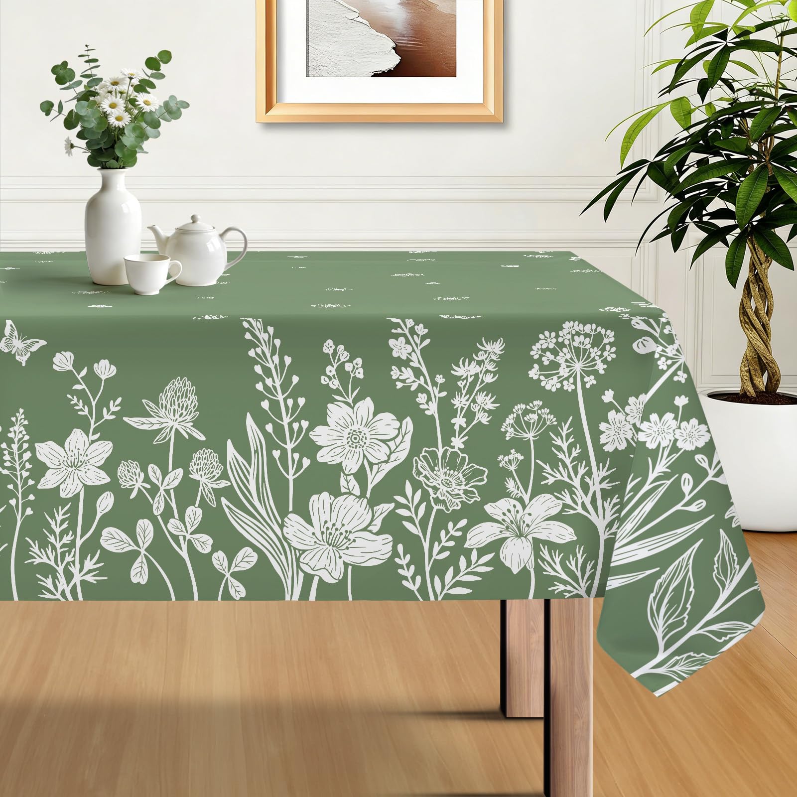 hometrixx Spring Rectangle Table Cloth Floral Butterfly Washable Wipeable Polyester Tablecloth Stain Wrinkle Resistant Oil Proof Table Cover Kitchen Decor for Dinner Picnic,152×213cm Sage Green