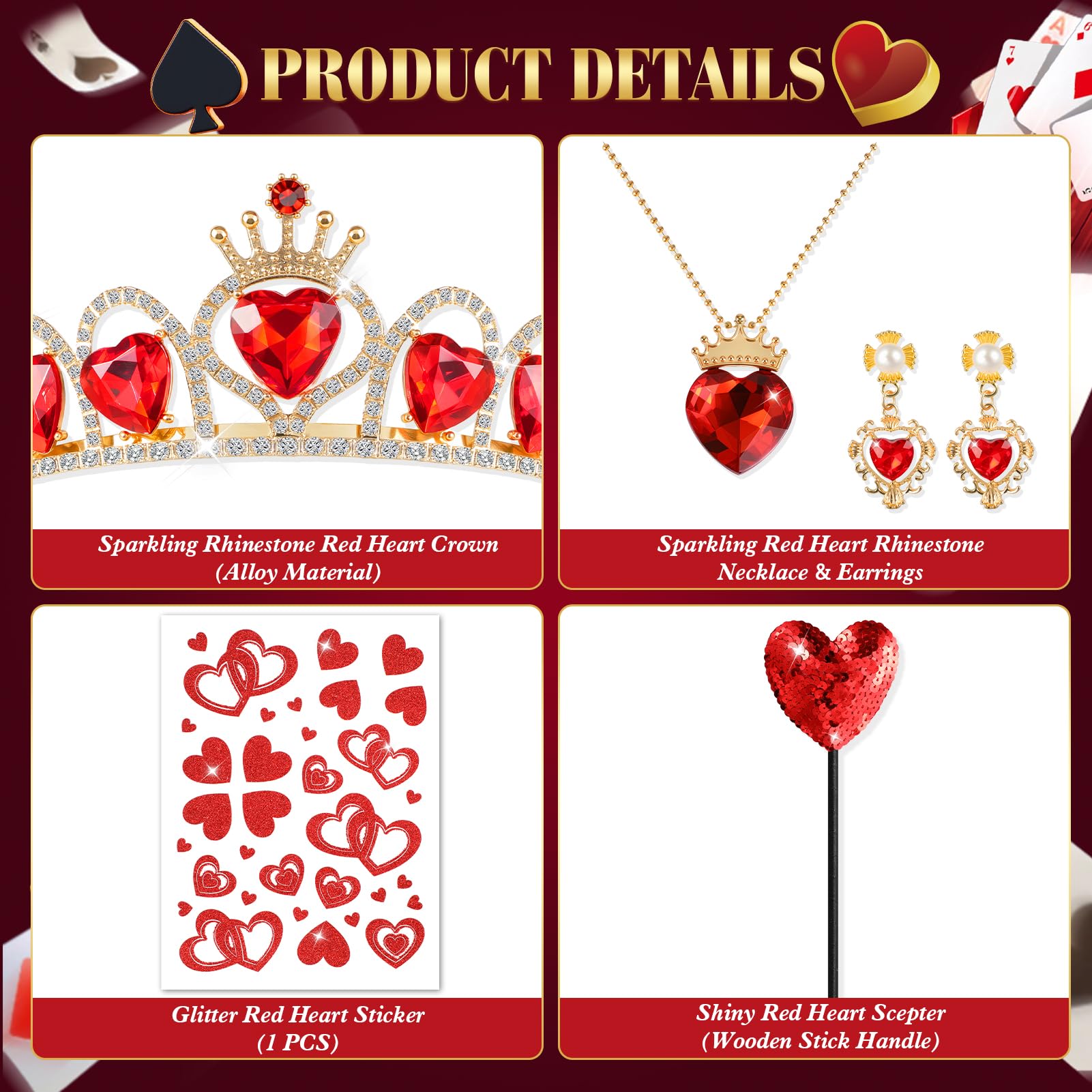 Beipegin 5PCS Queen of Hearts Accessories Set, Crown Headband Earings Necklace Wand Face Stickers, Queen of Hearts Costume Accessories Women Girls for Halloween Carnival World Book Day Cosplay Party - Image 3