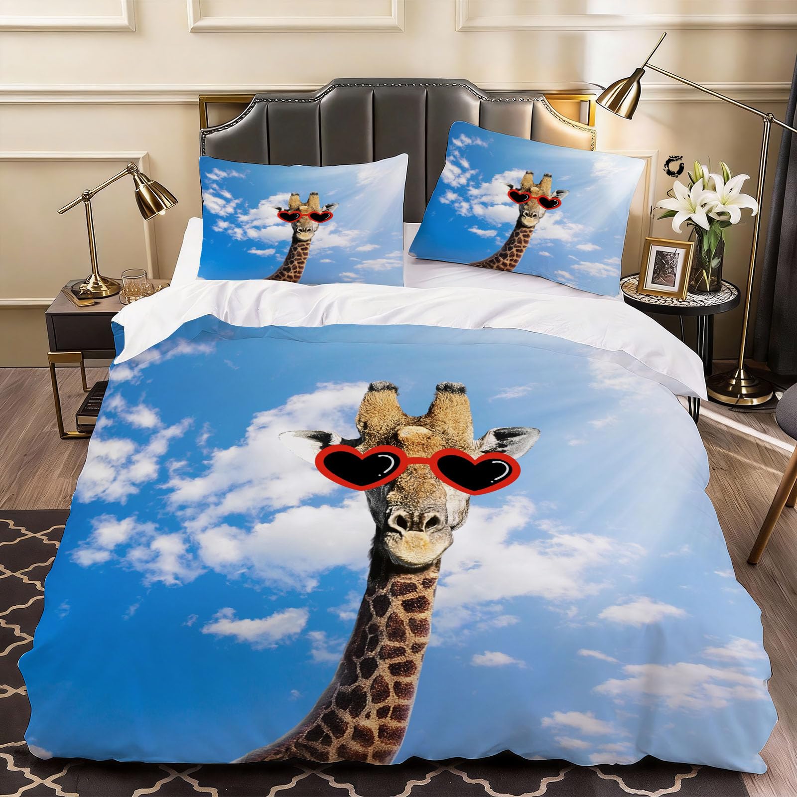 3D Giraffe Duvet Cover Blue Sky Bedding Double Bed Set, Soft Microfiber Comforter Cover Printed with Zipper Closure Quilt Coverr 200x200 cm and 2 Pillowcases
