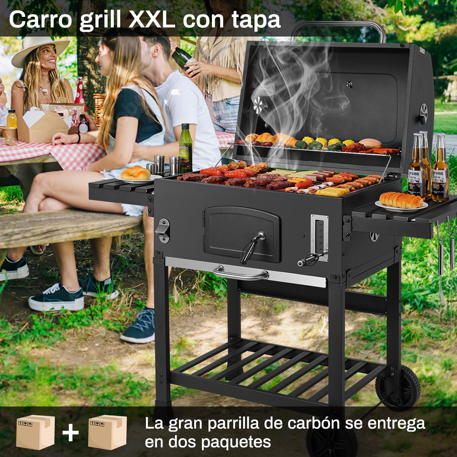 LIFERUN Barbacoa de Carbon XXL, Parrilla de Carbón con Chimenea y Tapa, Parrilla con Carrito BBQ Smoker con Ruedas y Termómetro, Grande BBQ Carbon para Camping y Jardín