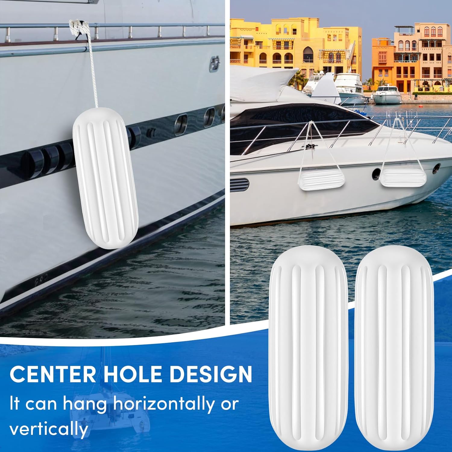 6/8/10 inch Boat Fenders 4 Pack, Hole Through Middle Vinyl Boat Bumpers Fenders, Boat Bumpers for Docking Come with Ropes Needles and Pump, Inflatable Ribbed Boat Dock Bumpers for Pontoon Yacht