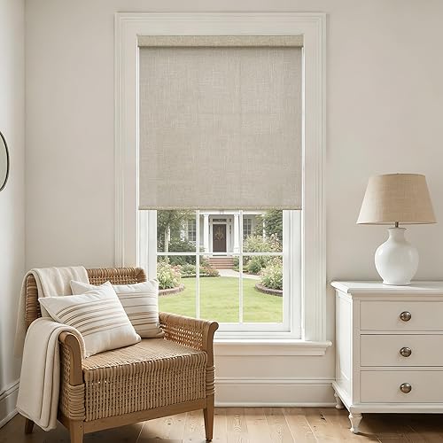 Linen Light Filtering Roller Shades for Living Room Dining Window Cordless Free-Stop Blinds with Valance Natural Beige Tan Linen Flax Shades Blinds for Indoor Bathroom Windows Bedroom 34" W x 72" H