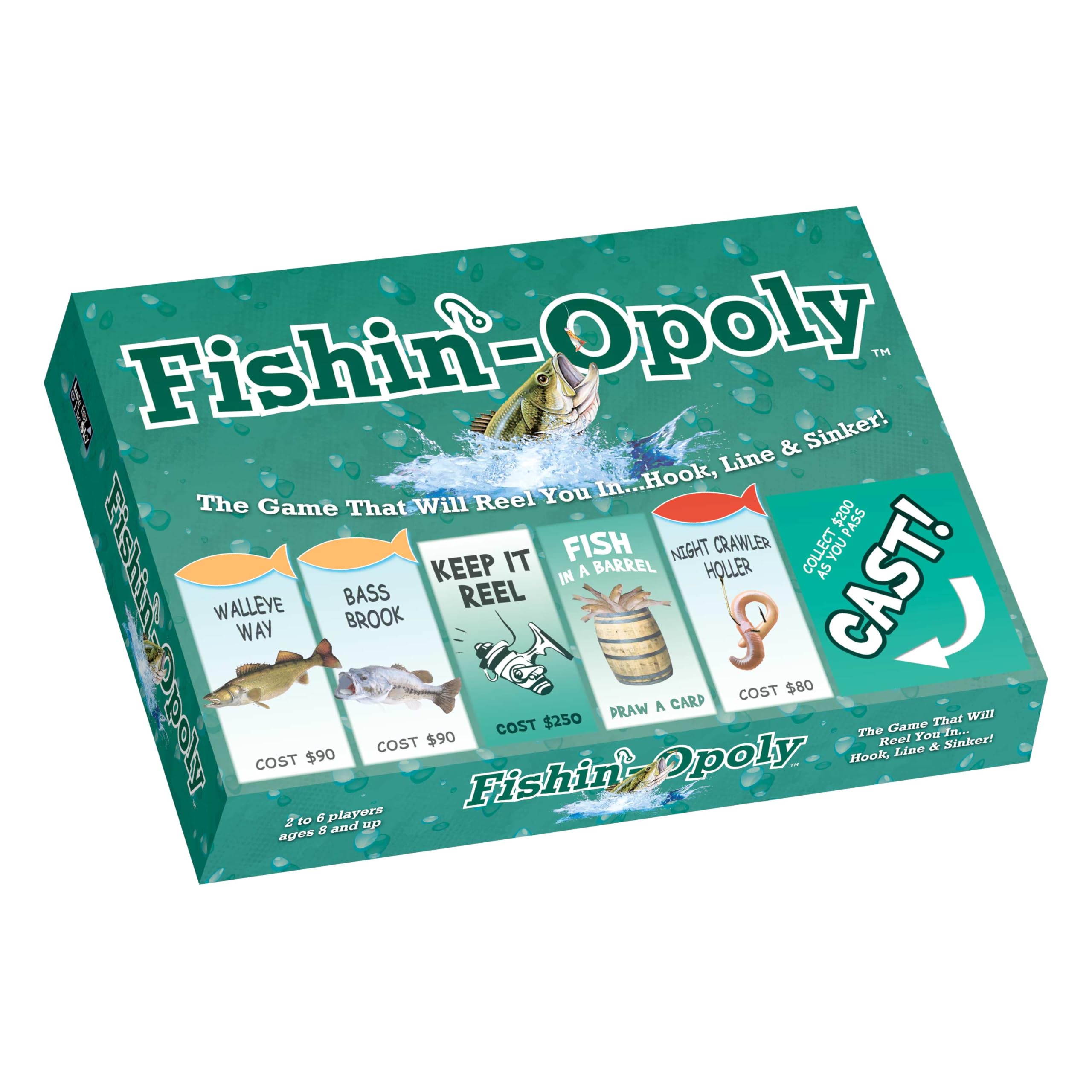 Fishin'-Opoly Fishing Board Game for Families, 2–6 Players, Ages 8+, Funny Property Trading Strategy Game, Great Gift for Anglers