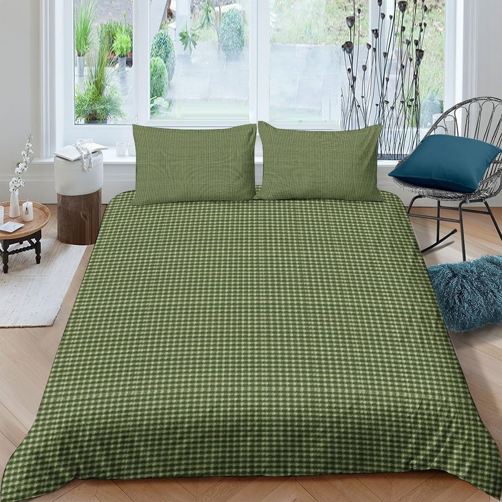 Ctjqhvkz Style-2 3D Printed Olive Green Plaid Fitted Sheet Microfiber Soft Breathable Checkered Mattress Cover Bedroom Guestroom Home Decor Single（135X200cm）