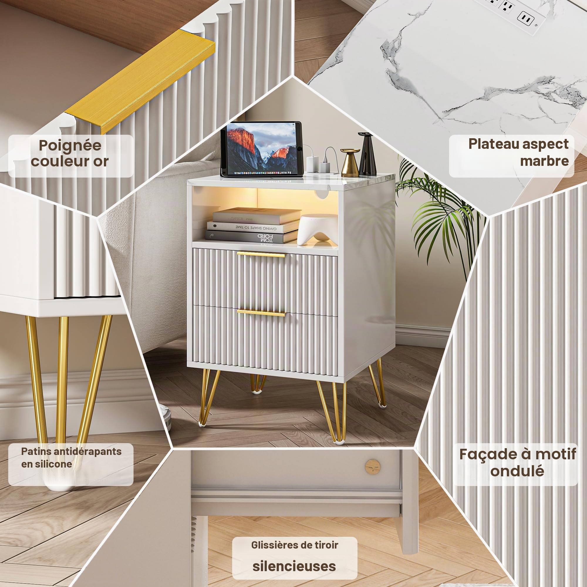 Table de Chevet Lot de 2 avec 2 Tiroirs, 60 cm Table de Nuit avec Lumière LED, Moderne et Polyvalente Table de Nuit avec Ports USB et Prises électriques pour Chambre, Salon, Bureau (Blanc)