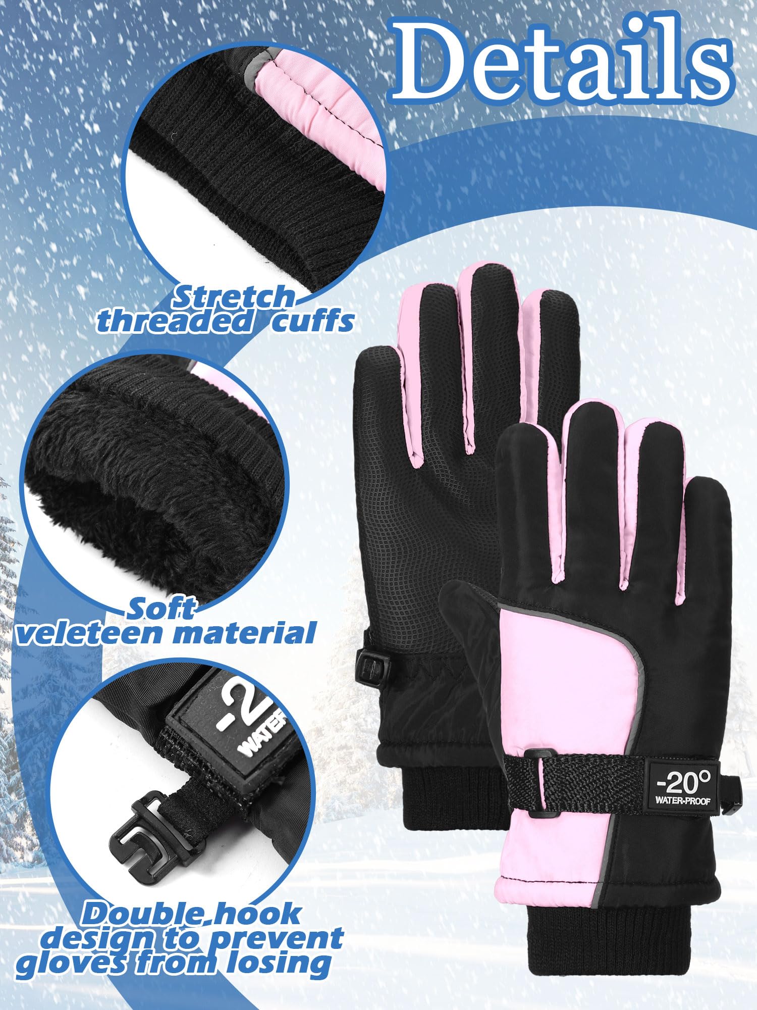 Bencailor 6 Paar Winterhandschuhe für Kinder, wasserdicht, Jungen, Schnee, Ski-Handschuhe, Mädchen, warm, winddicht, Fäustlinge für Kinder im Freien (grün, pfirsichrosa, beige, hellrosa, hellviolett