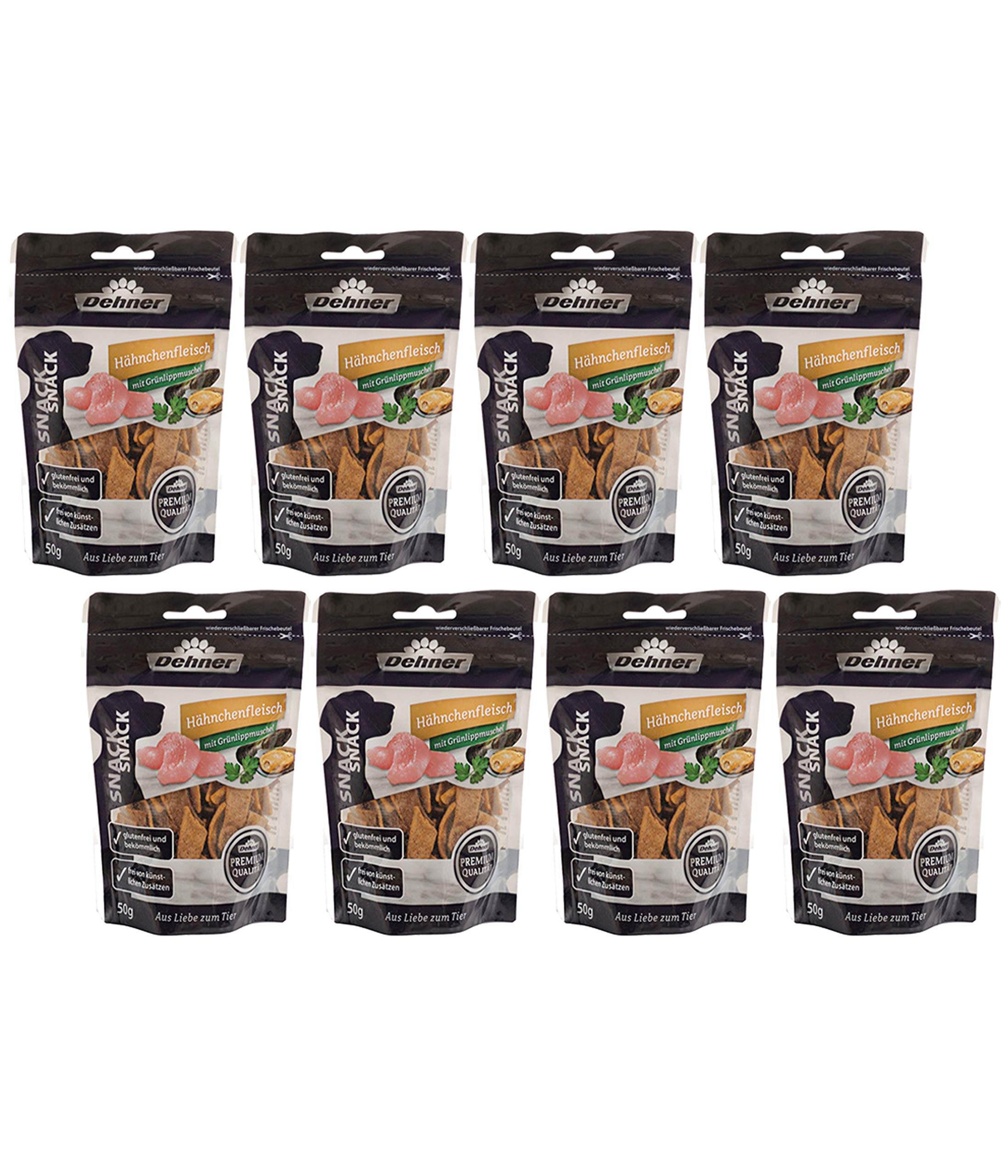 Dehner Premium Hundesnack, Leckerli glutenfrei, Kausnack für Hunde, Lebensmittelqualität, Hähnchenstreifen, 8 x 50 g (400 g)