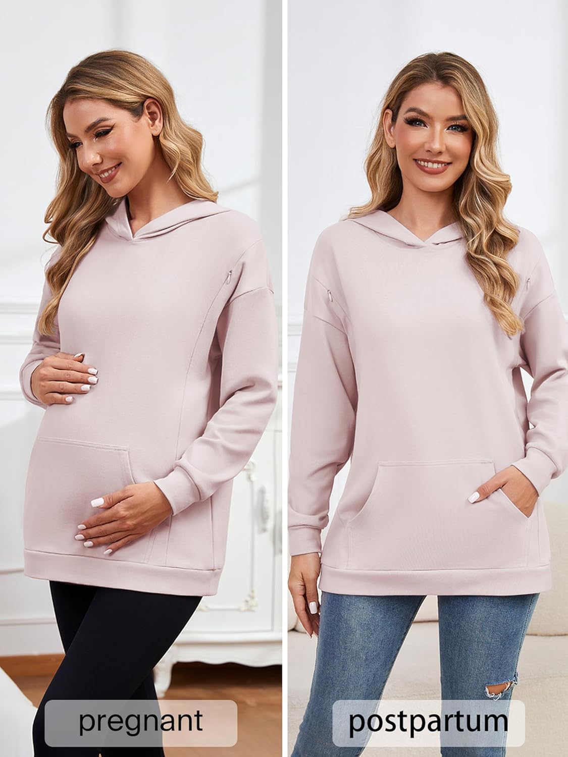 Ecavus Women's Maternity Nursing Sweatshirt Hidden Zipper 2025 Long Sleeves Oversize Breastfeeding Pullover Tops with Pockets - Image 5