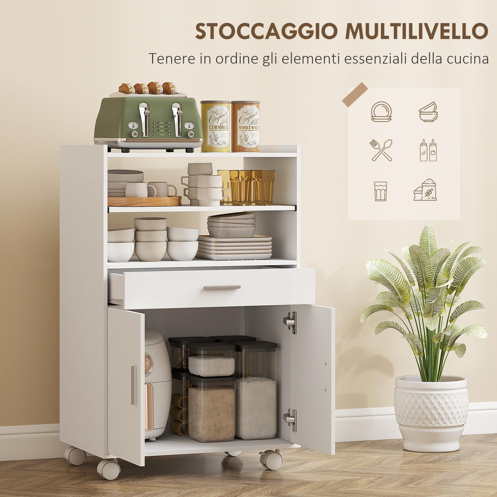 HOMCOM Mobile Microonde con Ruote, Credenza Cucina con Cassetto, Piano per Elettrodomestici, Armadietto a 2 Ante, Ripiano Estraibile e Ripiano Aperto, Carrello Cucina per Soggiorno, 59x40x92cm, Bianco