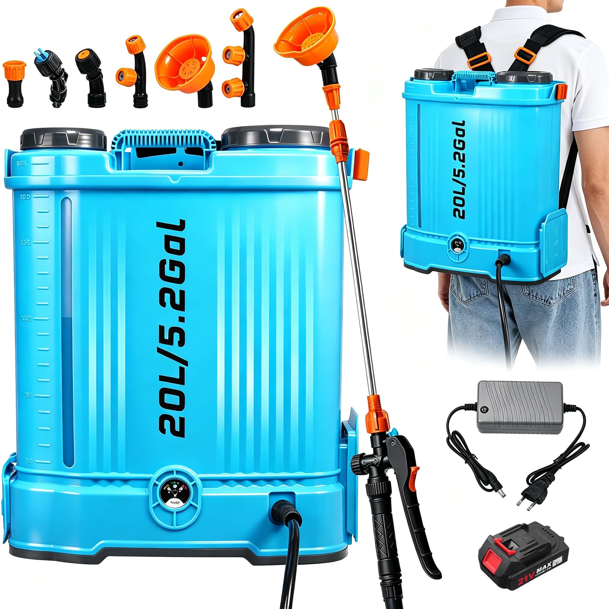 Bellanny Garden Sprayer, 20L Battery-Powered Pressure Sprayers, Electric Backpack Sprayer | All Ways Multi-Use Water Spray with Lance,6 Nozzle, for Cleaning,Plants,Fertilisers,Pesticides & Weed Killer