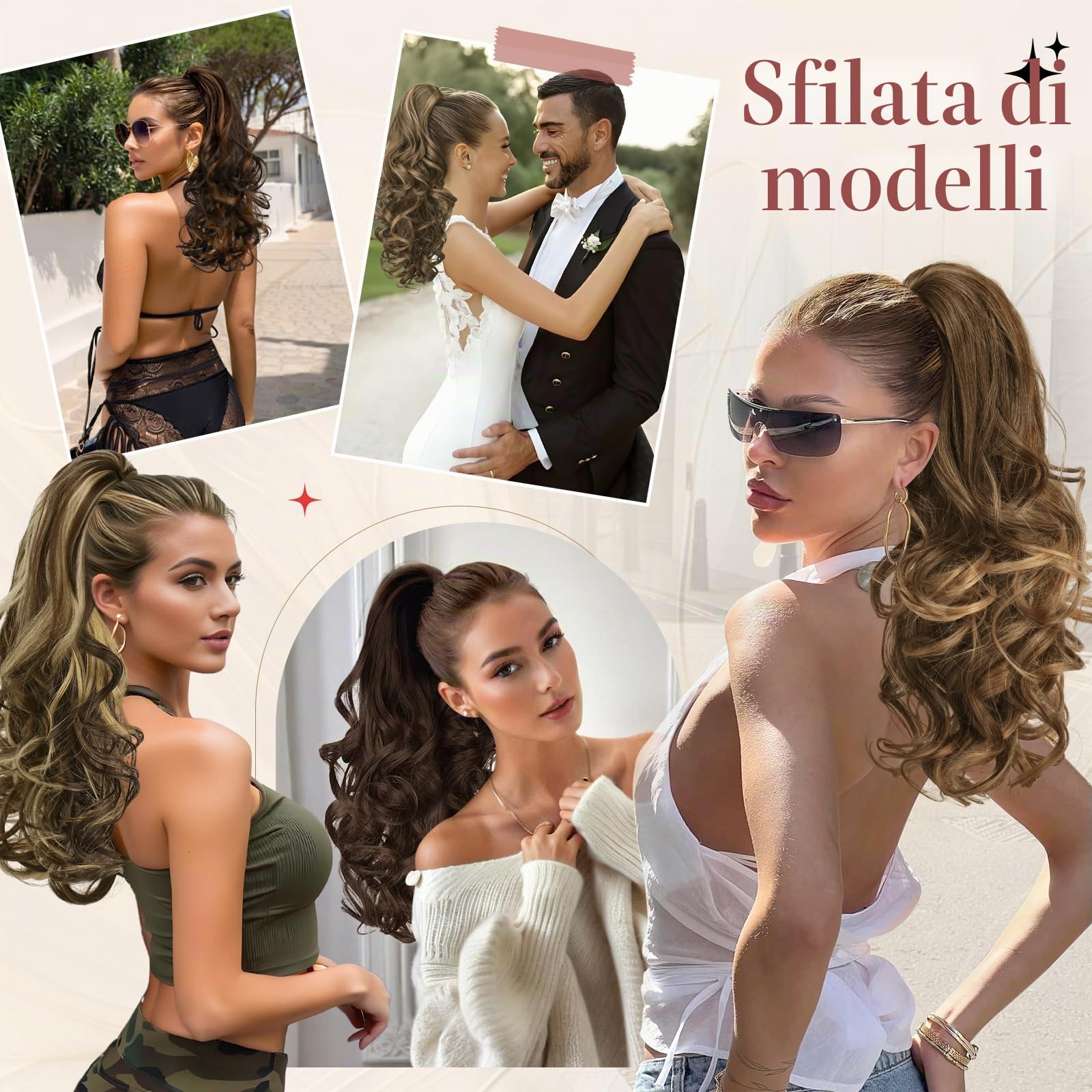 Sofeiyan Coda Cavallo con Pinza 43cm Ricci Ondulati Naturali Capelli Sintetici Posticci Extension Coda di Cavallo per Donna, Biondo Medio con Meches Bionde