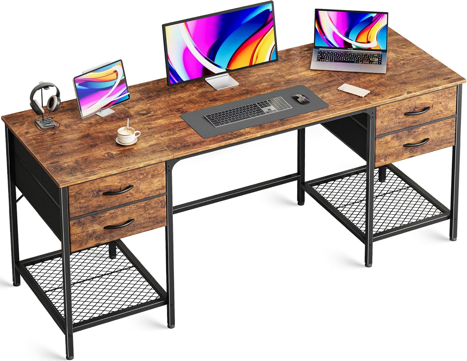 63 Inch Computer Desk with 4 Drawers, Office Desk with Mesh Shelf, Gaming Desk, Large Storage, Writing Desk Work Desk for Home Office, Study, Bedroom, Work from Home, Rustic Brown 63 inch Rustic Brown