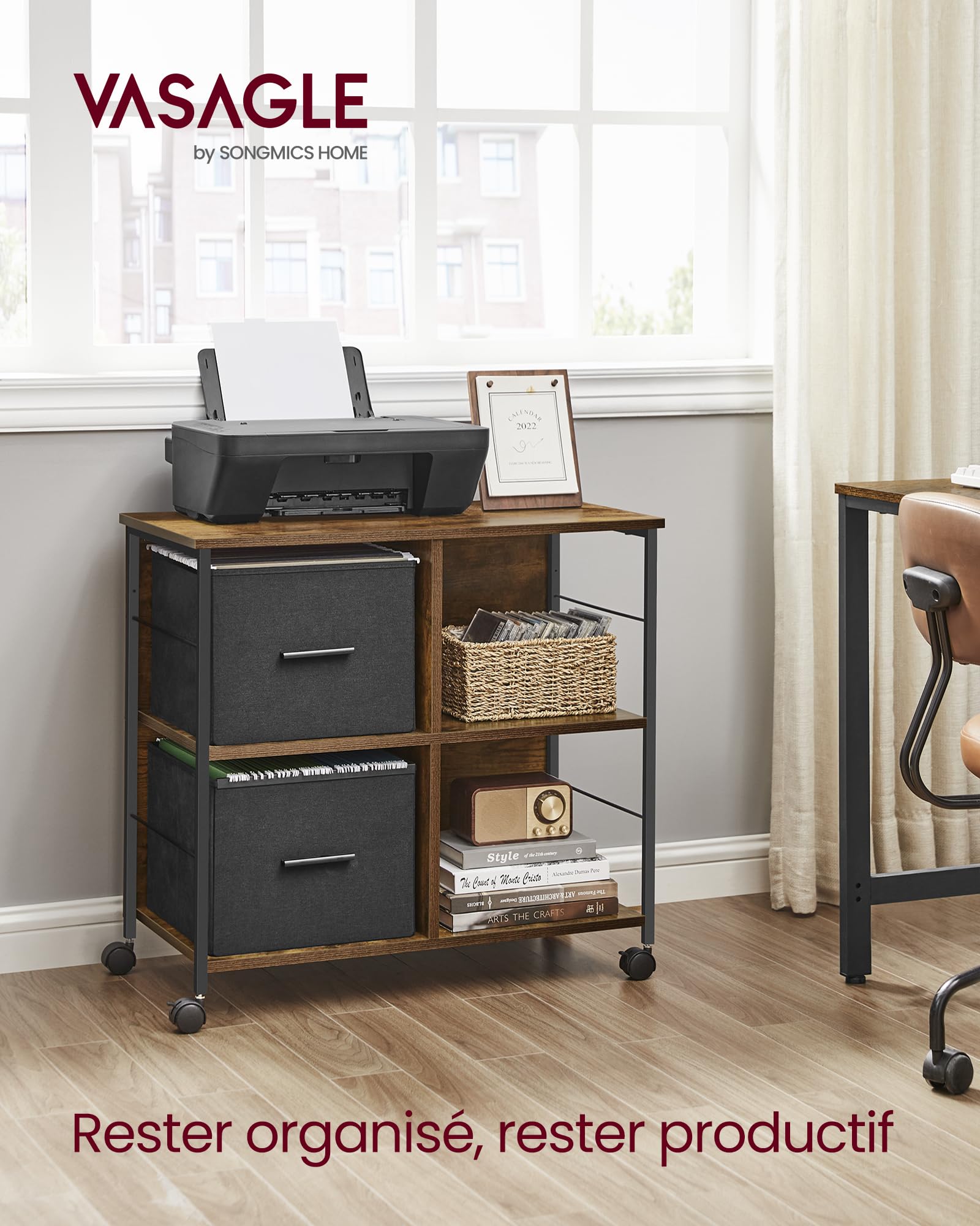 VASAGLE Caisson Bureau, Support pour Imprimante, Mobile, 2 Tiroirs en Tissu, Montage Facile, Étagères Ouvertes, pour Format A4, Dossiers Suspendus, Bureau, Marron Rustique et Noir d'encre OFC057B01