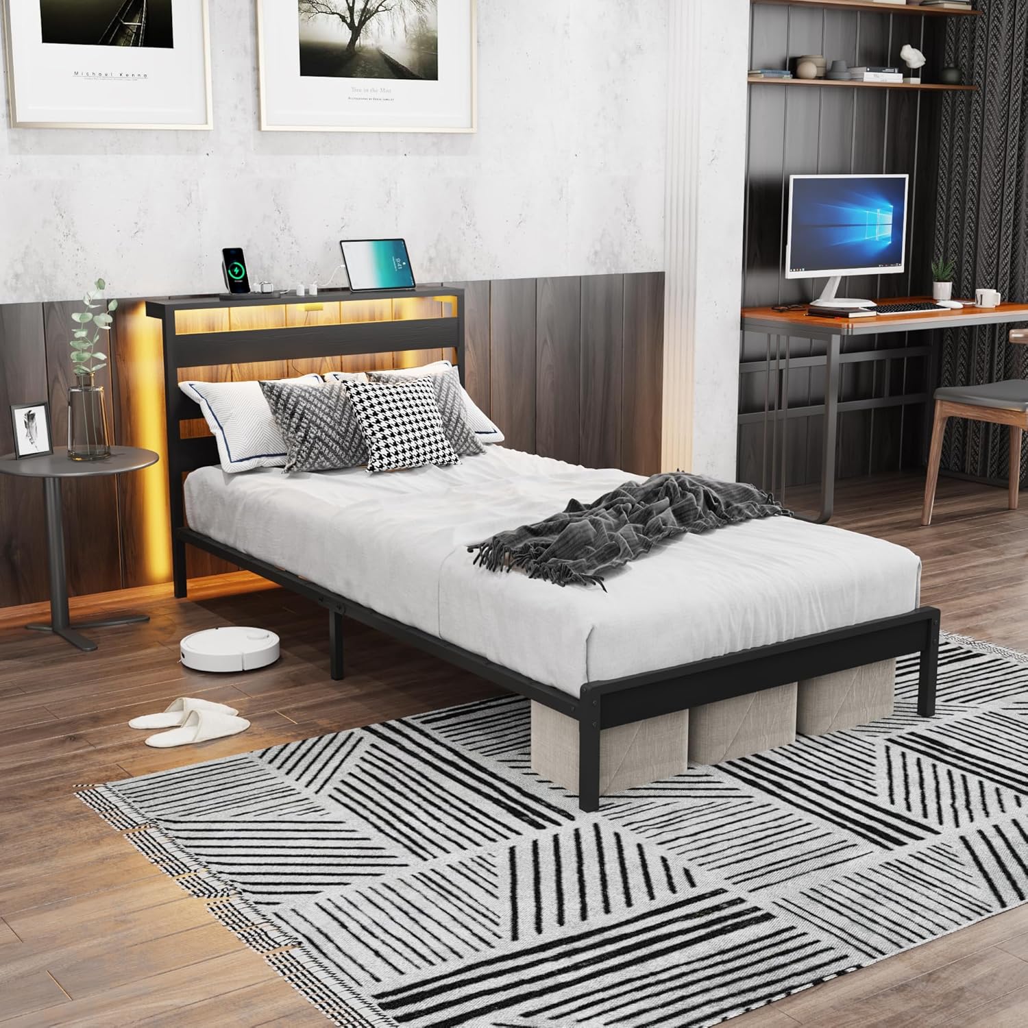 Twin Size Metal Platform Bed Frame with LED Headboard & Storage Shelf, Modern Black Metal Bed with USB Charging, No Box Spring Needed, Sturdy Slat Support for Bedroom(Black, Twin)