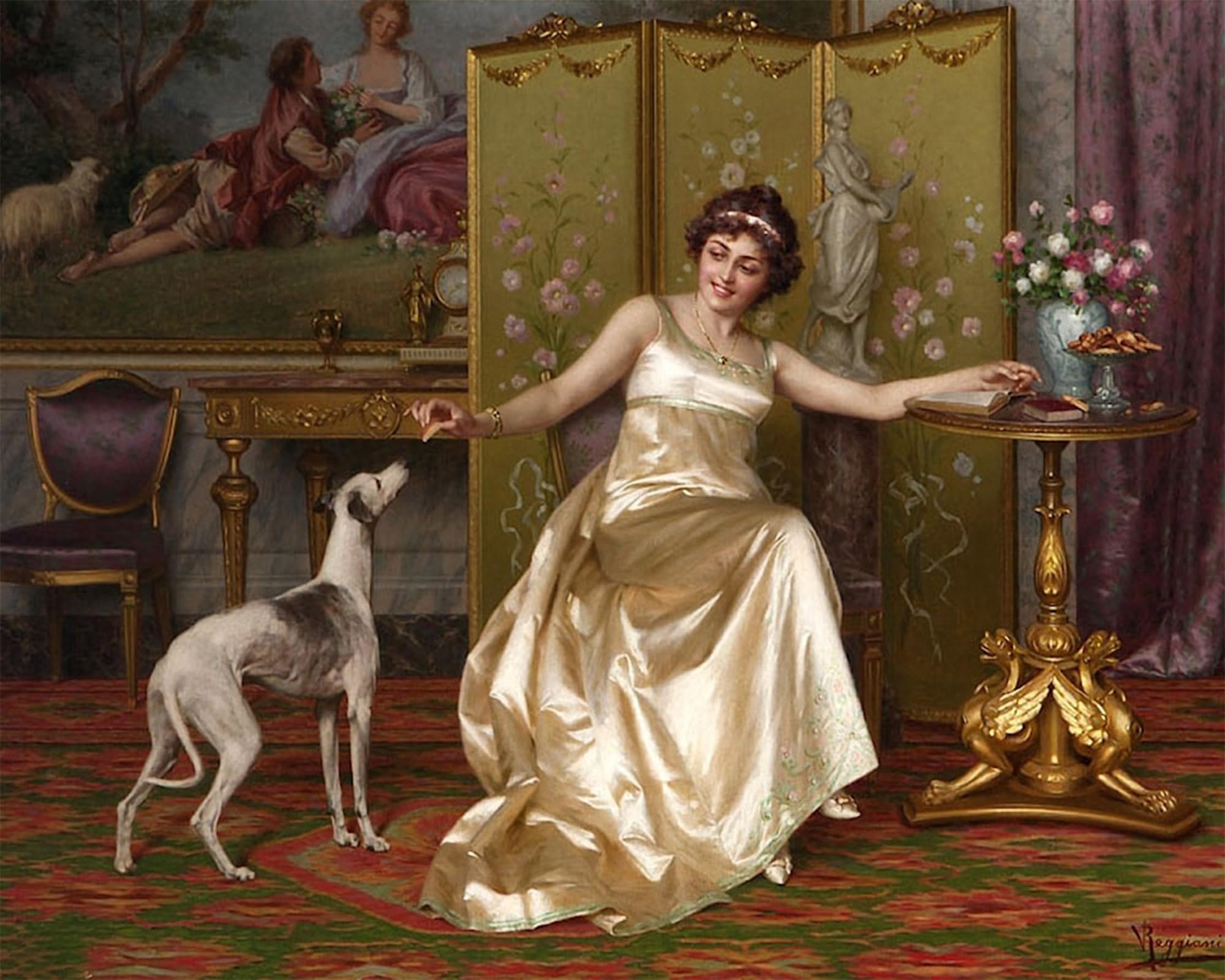 ARTXLXXBN Famous Print Painting Colorful Art Print Woman Reading with an Italian Greyhound At Her Side Vittorio Reggianini Canvas Art Decorations for Home Decor 60x90cm
