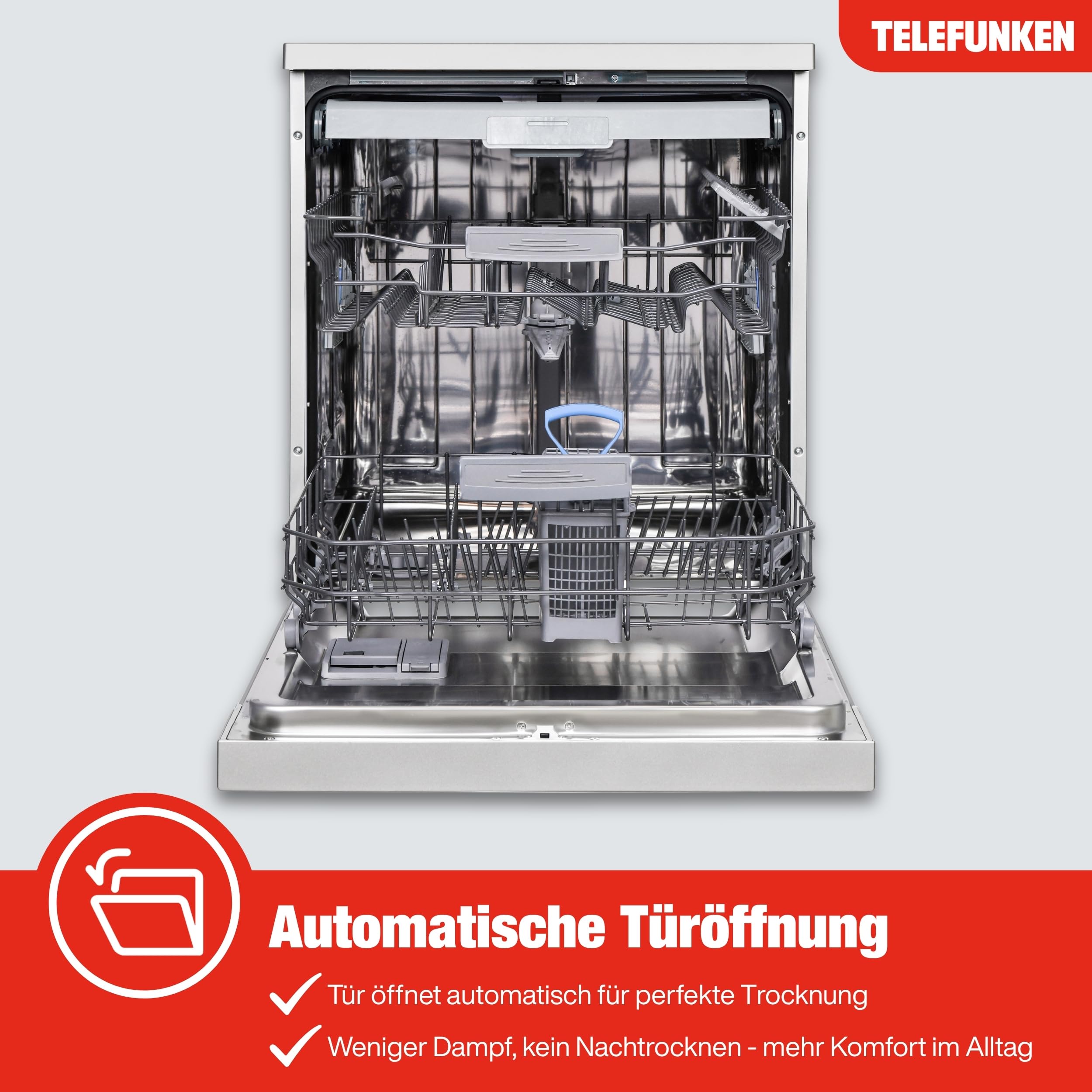 Telefunken Geschirrspüler 60 cm | Spülmaschine freistehend | 14 Maßgedecke | 9 Programme | AquaStop | EEK A | 44 dB | Startzeitvorwahl | Auto-Door | Unterbaufähig | Besteckkorb | Silber | GFS6014AI