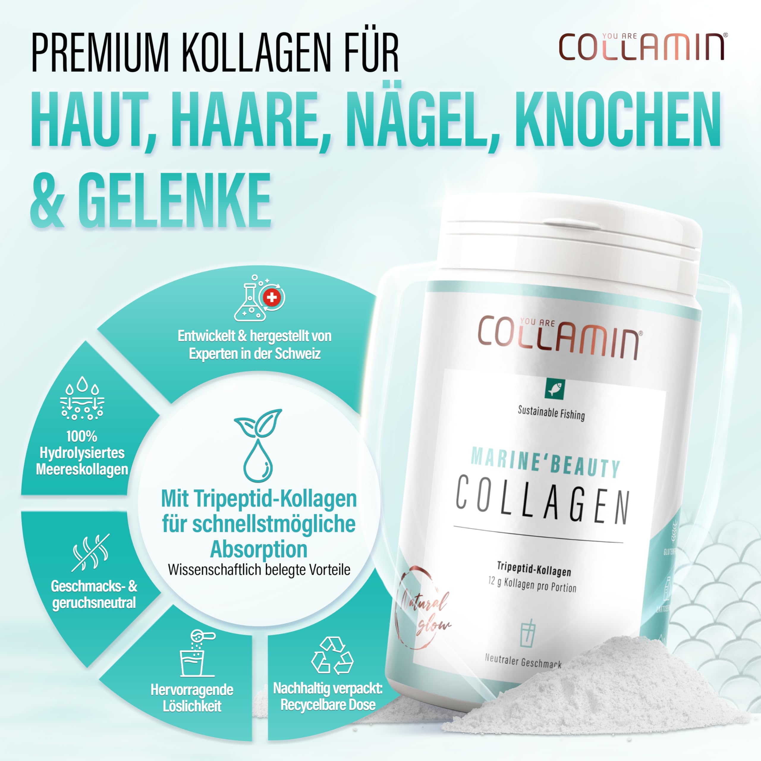 Marine'Beauty Collagen Pulver - 360g I Tripeptid-Kollagen Pulver - Made in Switzerland I 100% reines Meereskollagen aus Kollagenhydrolysat (Fisch) ohne Zusatzstoffe & Nachgeschmack