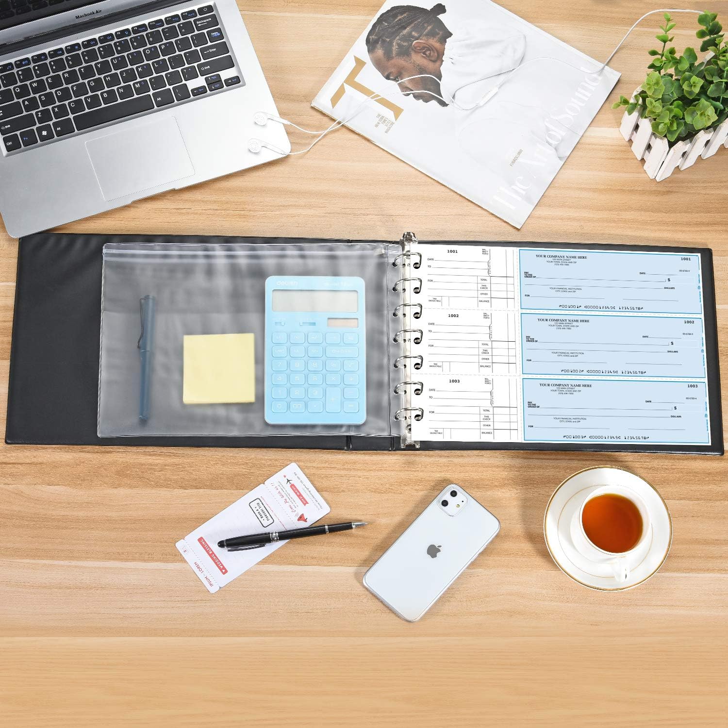 7 Ring Business Check Book Binder, 600 Checks Capacity for 9" x 13" Sheets, PU Leather Checkbook Holder with Zip Pouch [Dark Blue] : Office Products