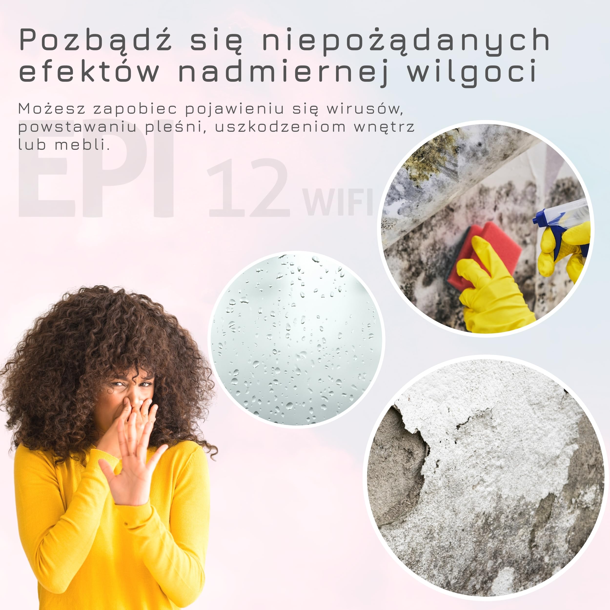 Turbionaire Epi 12 przenośny osuszacz powietrza, sterowanie dotykowe, 12 l/24 godziny, przyjazny dla środowiska płyn chłodzący R290, funkcja Child Lock, do pomieszczeń do 65 m³, minimalistyczny design