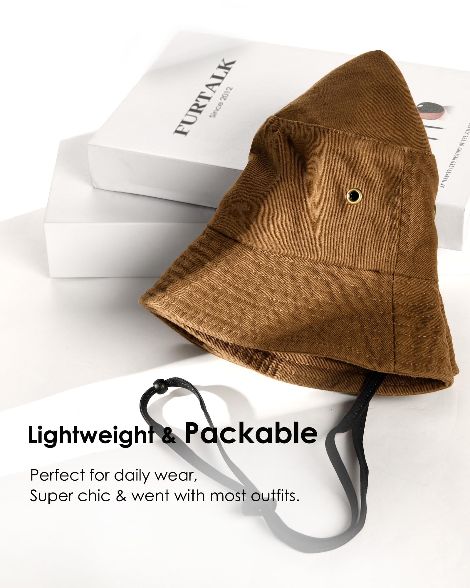 FURTALK Unisex 100% bawełna Bucket Hat Regulowany Kapelusz Słońca dla mężczyzn i kobiet, Brązowy, M