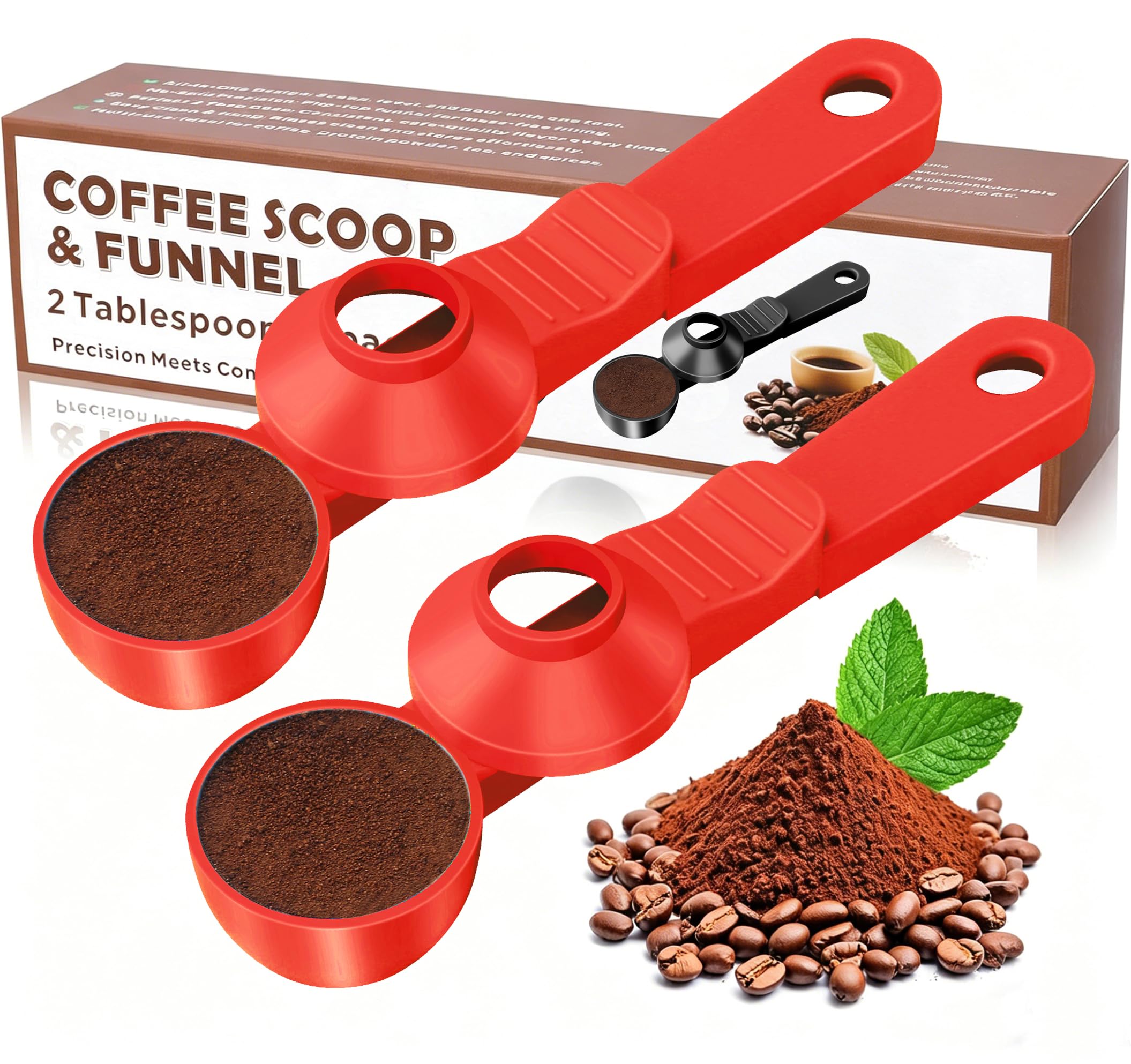 2-in-1 Coffee Scoop with Funnel, 2 Tbsp Measuring Spoon for Reusable K Cups, Ground Coffee, Protein Powder & Tea, Mess-Free Plastic Design（Red-2pack）