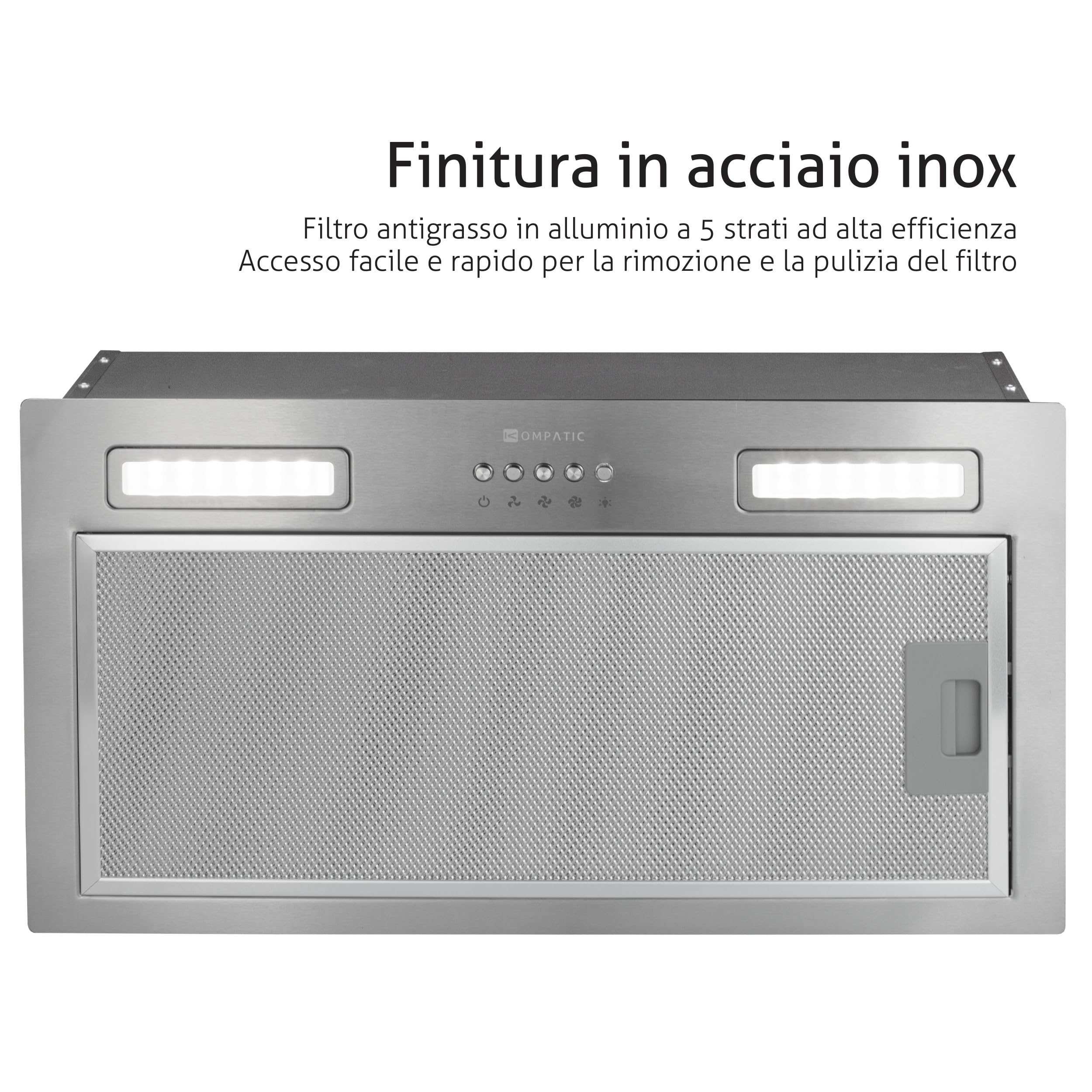 Lane 50 KLN50SI Cappa Aspirante Incasso, A+++, 50 cm, 450 m³/h Filtri a Carbone Inclusi KCF4, Modalità Ricircolo o Estrazione, Controllo elettronico, Timer, LED, 3 velocità + boost,Inox