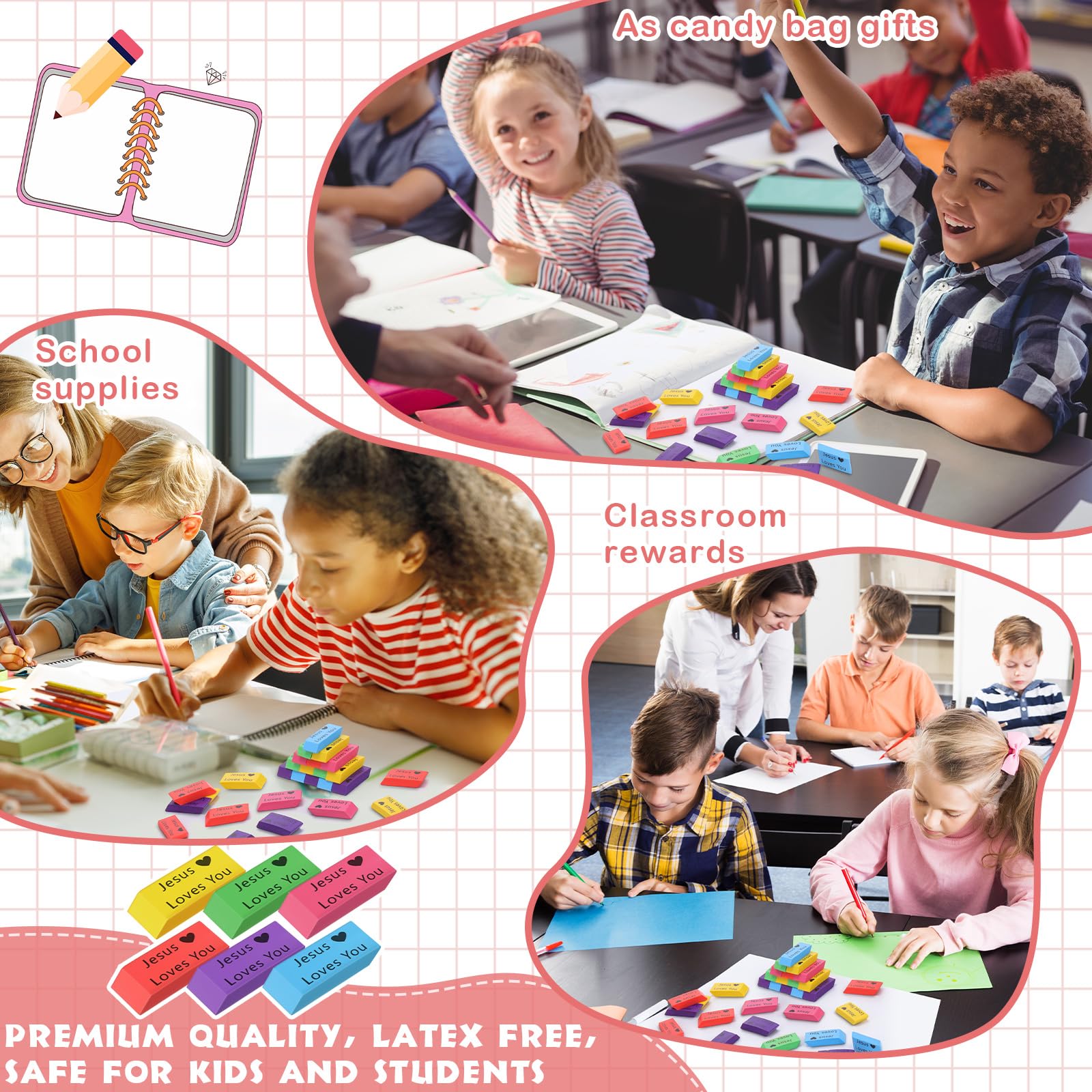 Yaomiao 180 gomme da cancellare per bambini colorate angoli smussati regalo cristiano Gesù ti ama