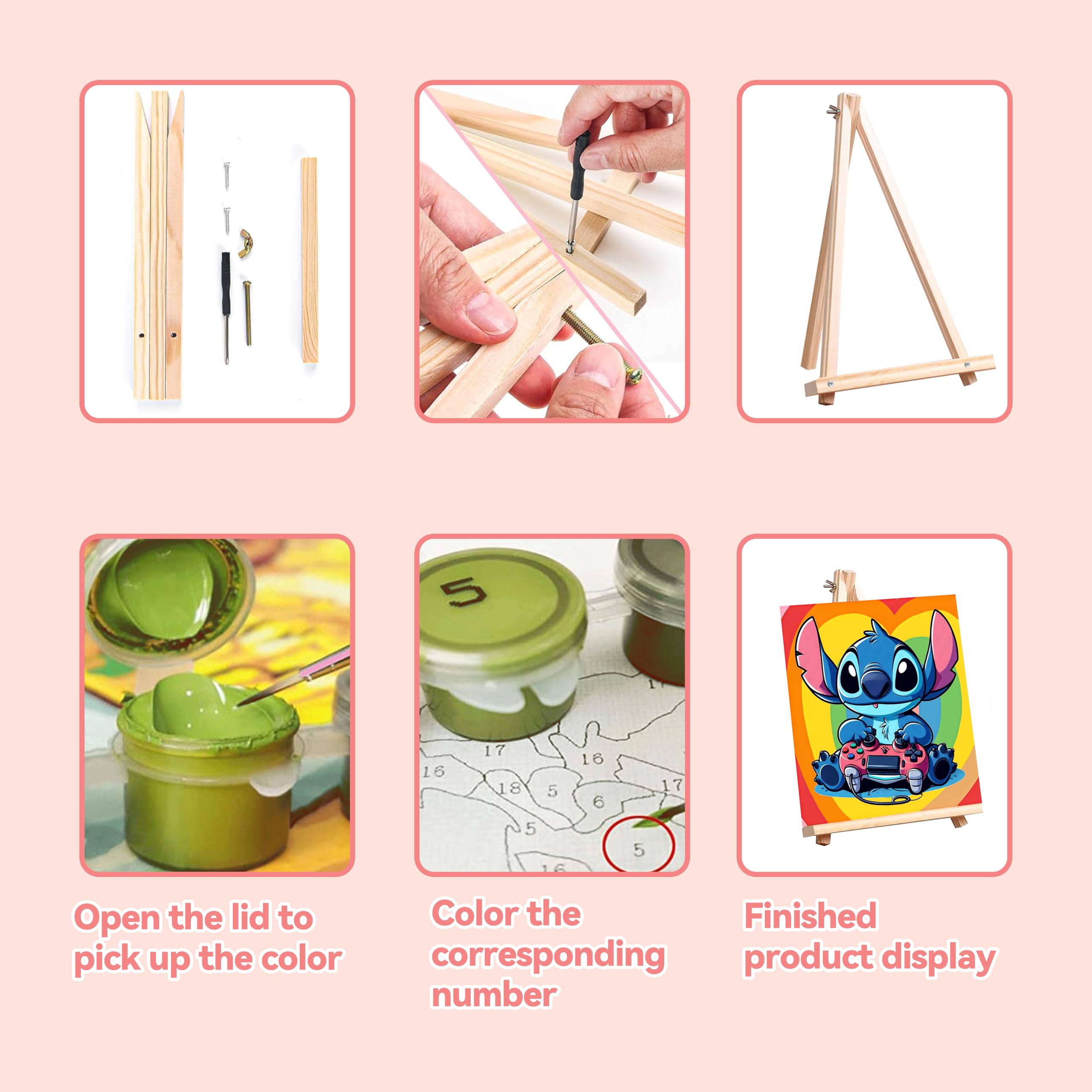 KOJEFCV 4 Pack Cartoon Paint by Numbers for Kids with Framed Canvas-with Wooden Easel, Paint by Number for Kids Ages 4-8-12, DIY Easy Acrylic Oil Painting Kits for Home Wall Decor (8X8inch)