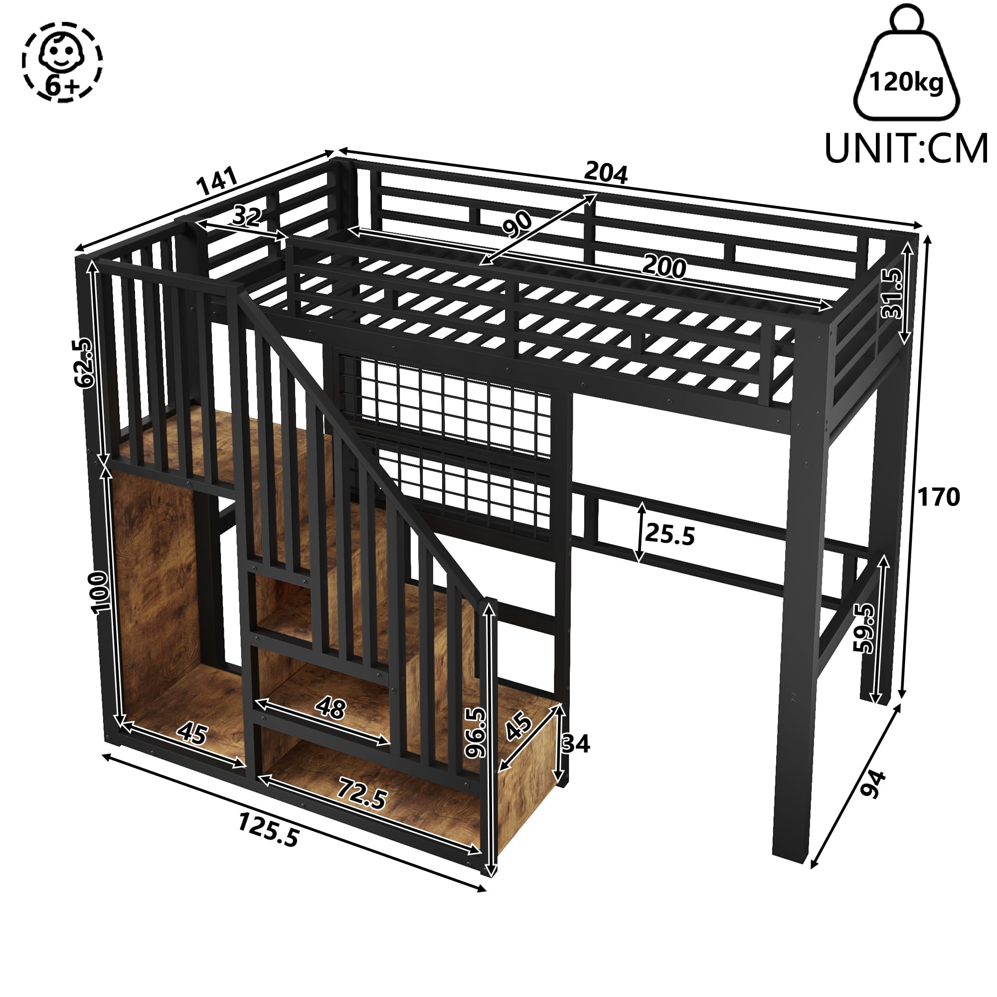 Cama alta de 90 x 200 cm con escalera de almacenamiento, cama de hierro con barandilla, cama alta para niños con luz LED, con proyector, sin colchón, color negro