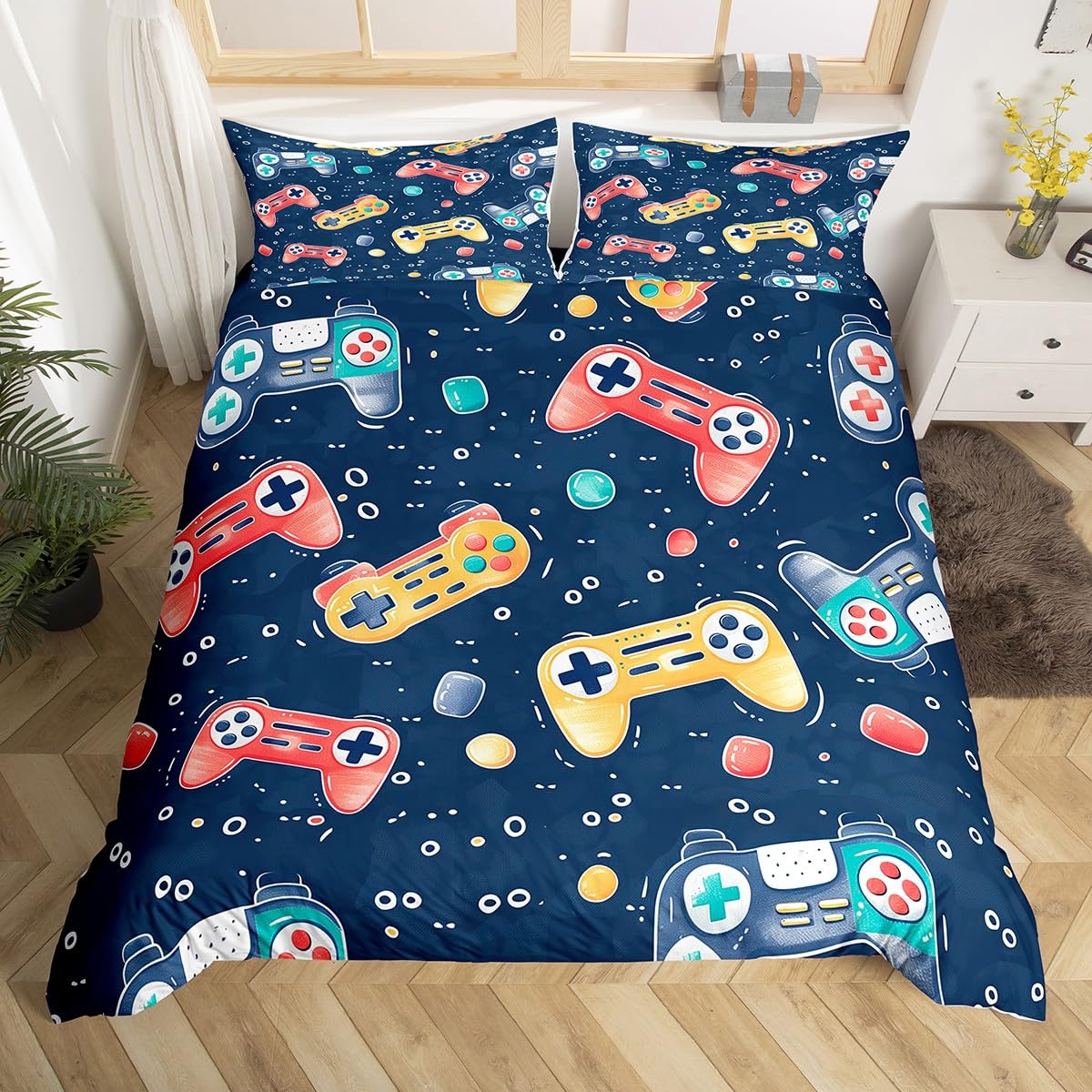 Loussiesd Gamer Bedding Set Single Size Kids Game Controller Comforter Cover Set for Boys Teens Gaming Duvet Cover Yellow Red Bedspread Cover Room Decor Quilt Cover