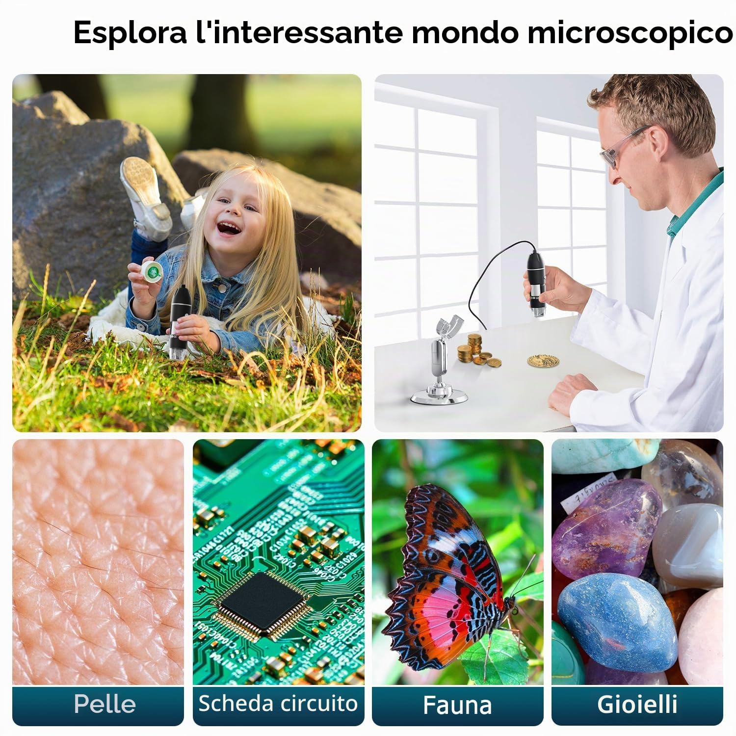 Fotocamera per microscopio digitale USB, fotocamera per ispezione HD portatile SKYBASIC, ingrandimento 50x-1600x, con supporto regolabile, 8 luci LED, compatibile con dispositivi iOS e Android