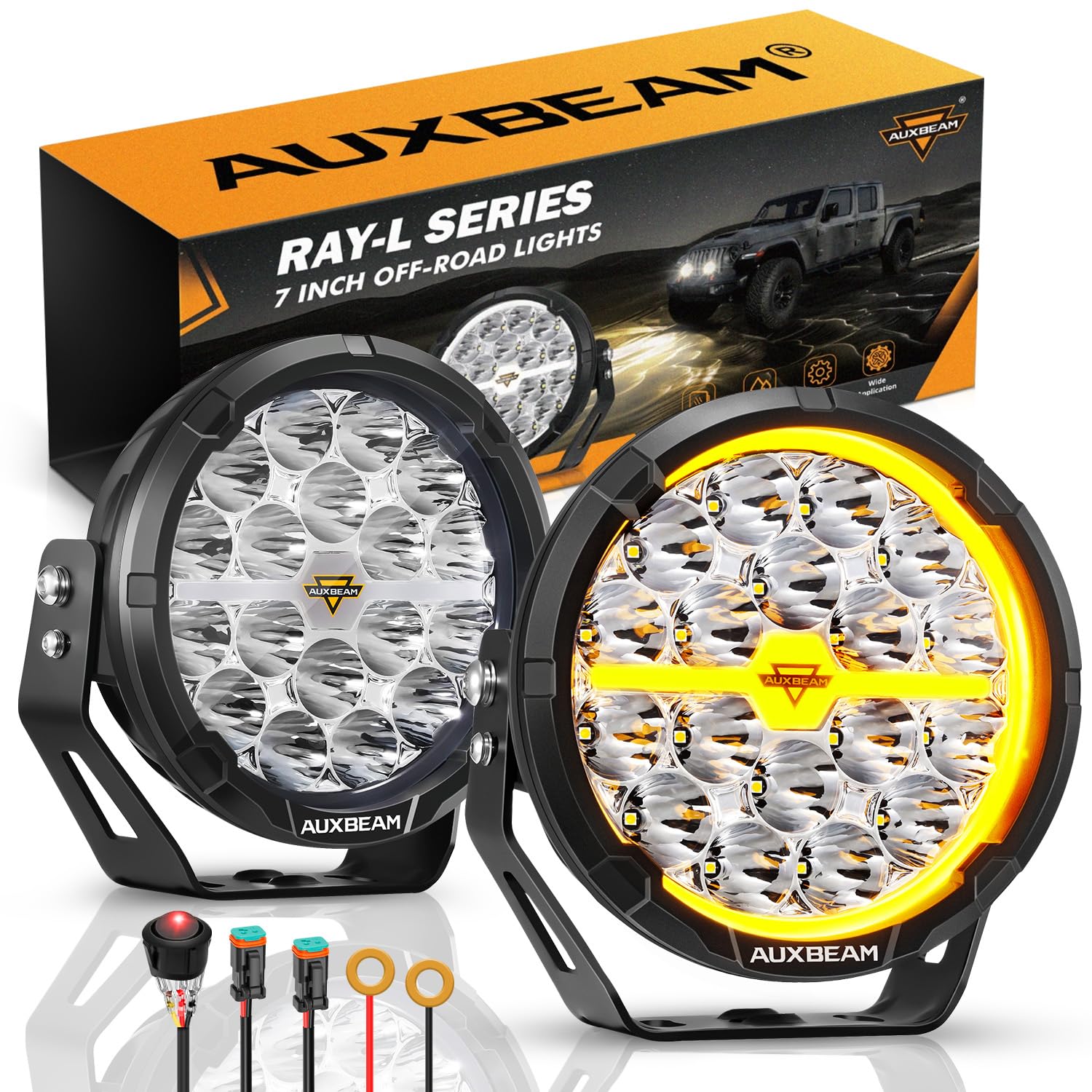 Auxbeam RAY-L Series 7 Inch Round Offroad Lights Amber White DRL Function 3 Modes LED Spotlights 240W 25800LM Dual Color Driving Off-Road Lighting, Pair