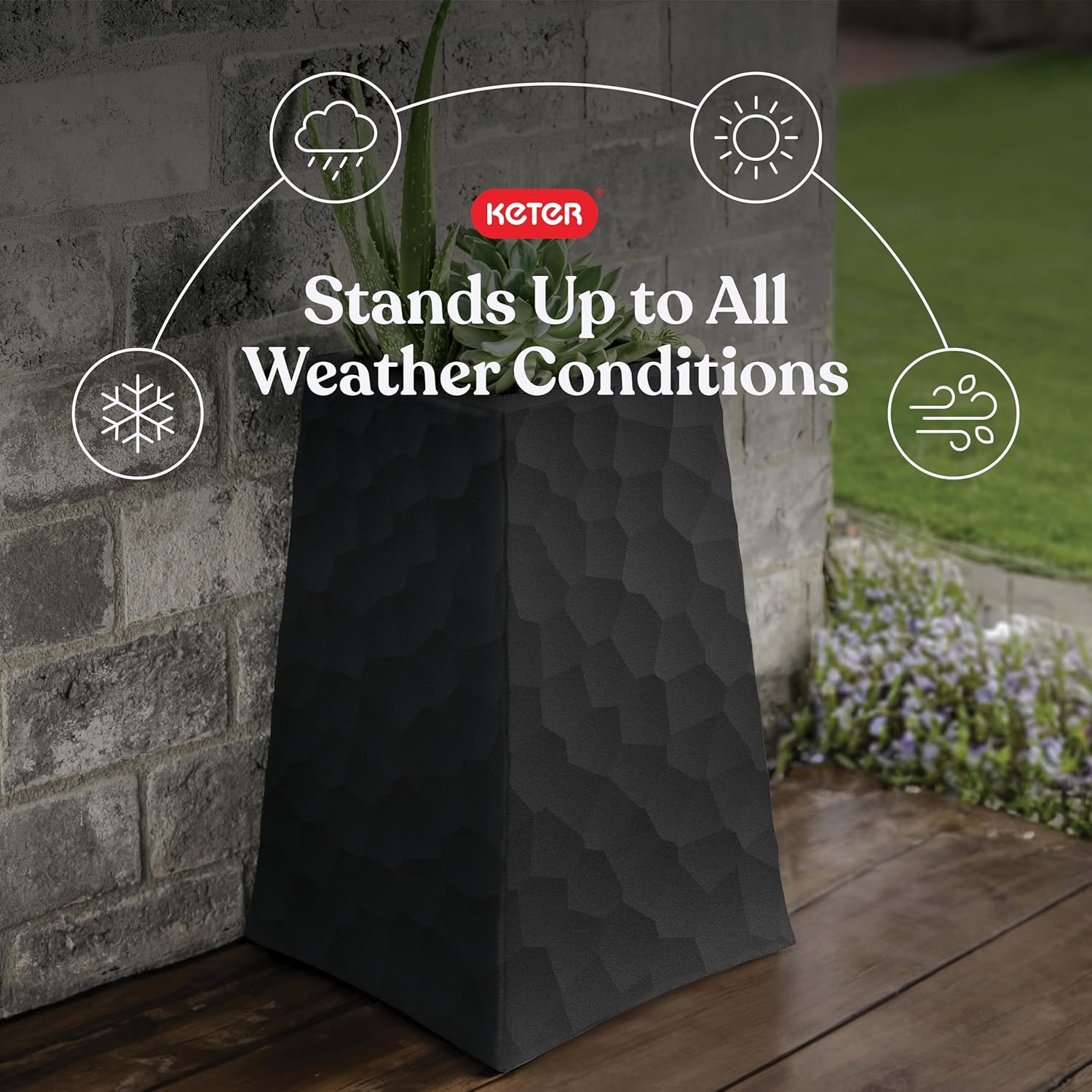 Keter Stone Tapered Planter Set of 2, Tall 26.4‑Inch Resin Outdoor Flower Pots with Stone‑Look Finish and 12.2‑Gallon Capacity, Graphite