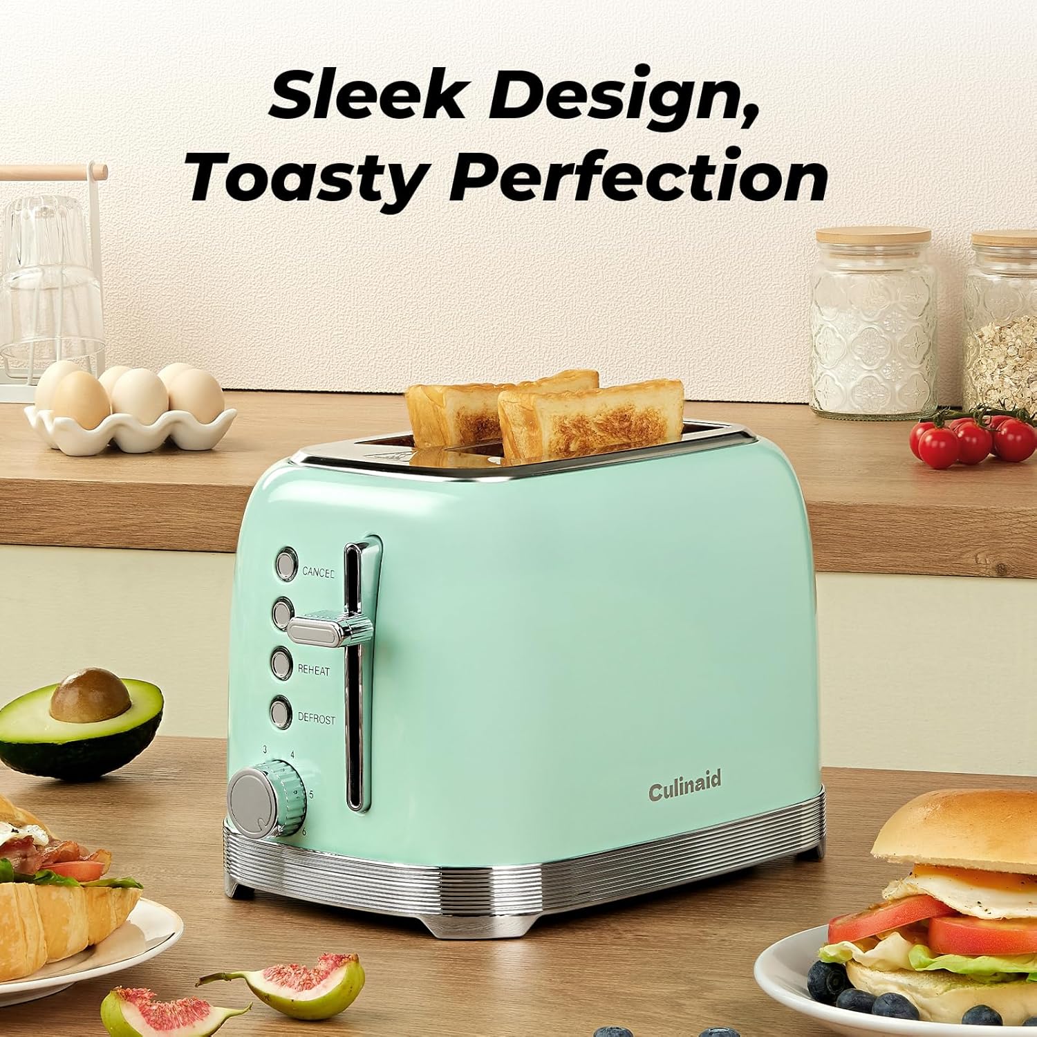 Toaster 2 Slice Retro Stainless Steel with 1.5” Extra Wide Slots Bagel, Defrost, Reheat, Cancel Functions, 6 Bread Shade Settings, Removable Crumb Tray, Aqua Green