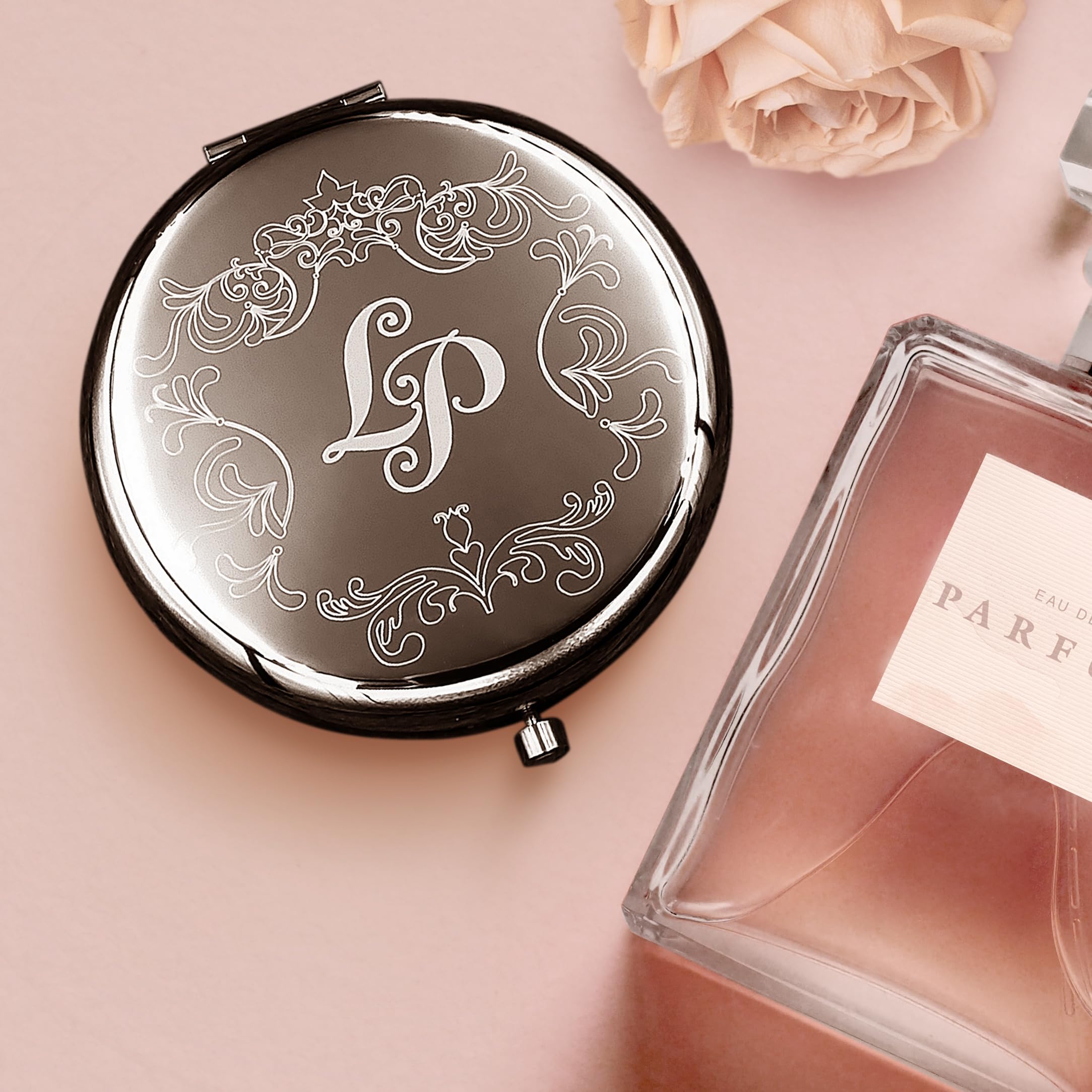 Taschenspiegel Handspiegel mit Gravur Farbe Roségold aus Edelstahl mit Vergrößerungsspiegel