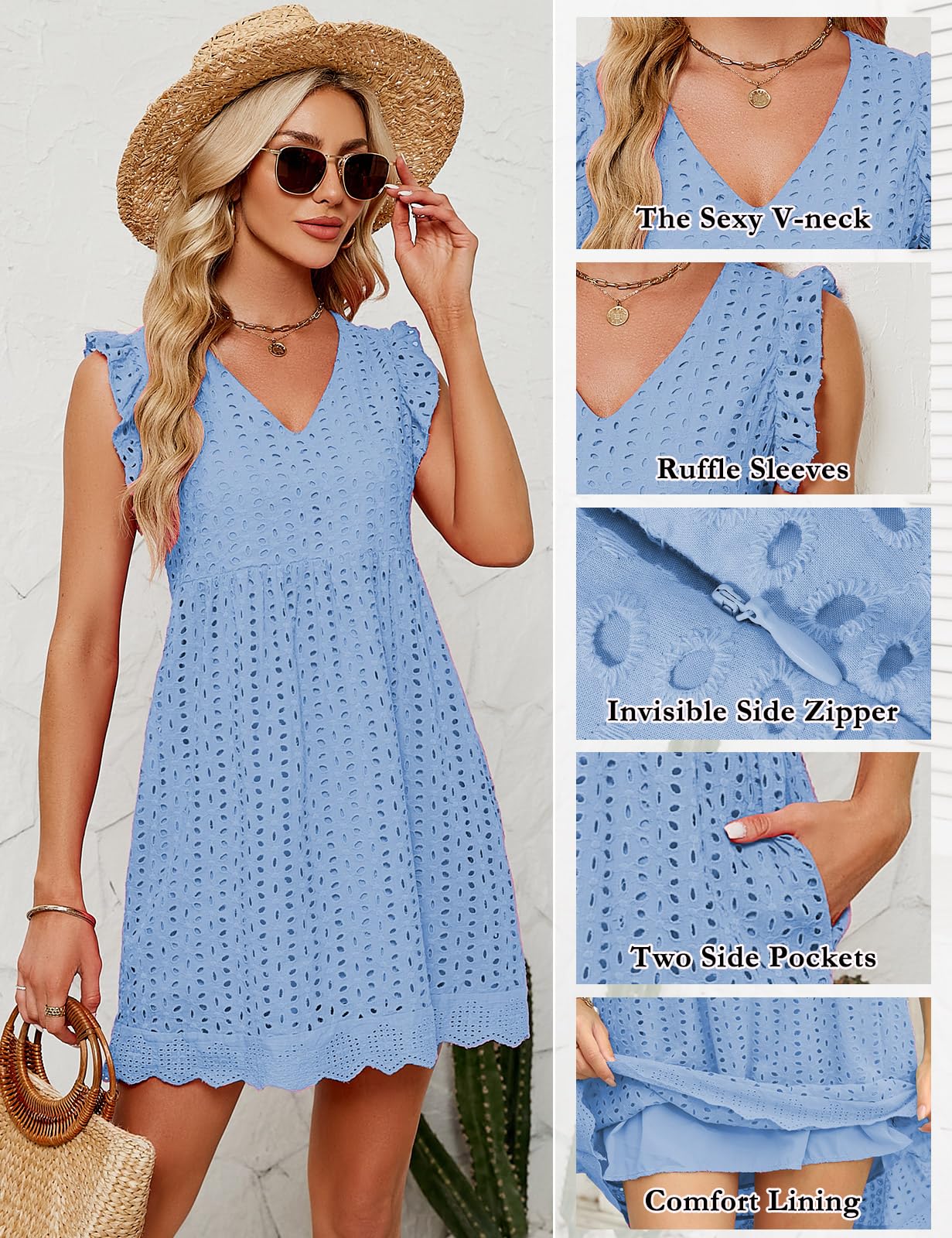 heekpek Abito Estivo Donna Cotone Scollo a V Vestito Corto Donna Senza Maniche con Volant Comodo e Leggero Abiti Jacquard Casual Abito Mare da Spiaggia con Tasche