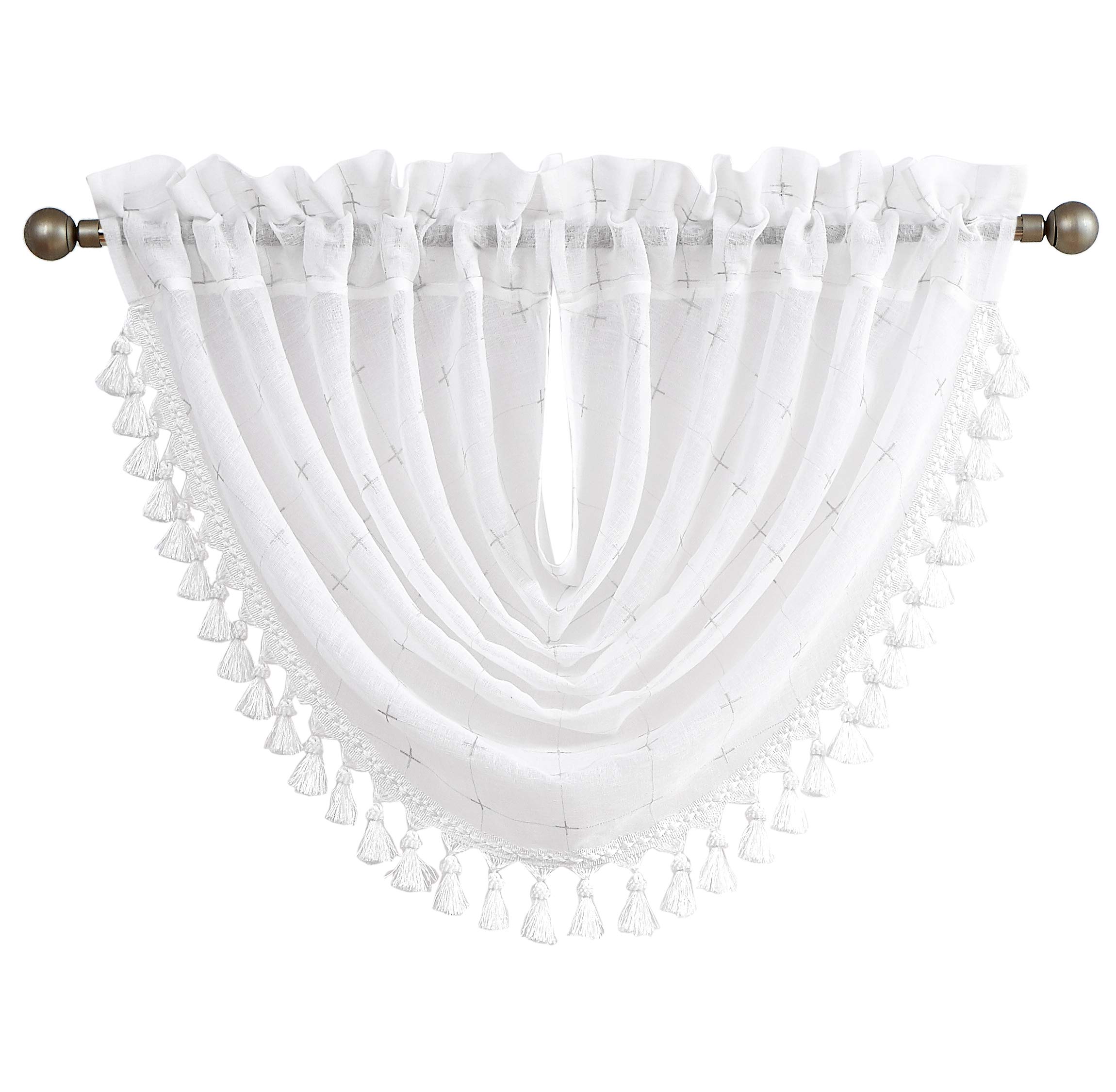 Central Park White Waterfall Valance Window Curtain Linen Texture Gray GEO Embroidery Rod Pocket for Living and Bedroom Semi Sheer Kitchen Curtain, 56"x38", 1 Piece