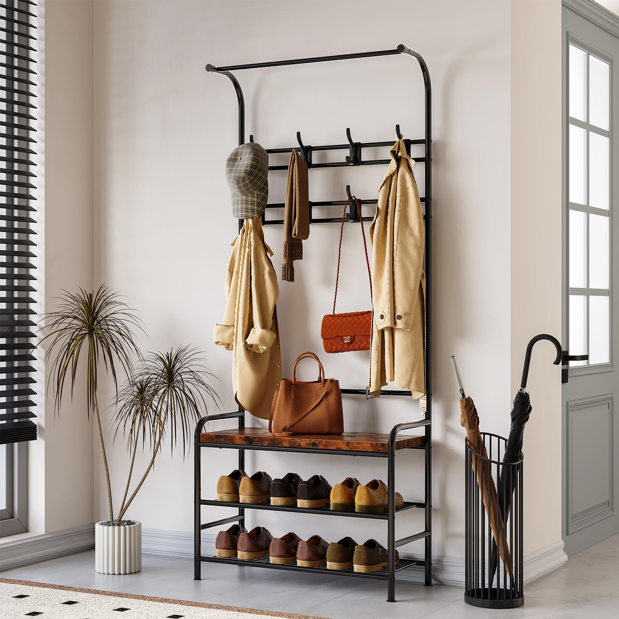 AffinityFurn Coat Rack with Bench and Shoe Shelves, Industrial Free Standing Hall Tree with Shoes Storage Bench, Metal Frame, 8 Hooks for Entryway Hallway Living Room, Brown 60x30x180cm