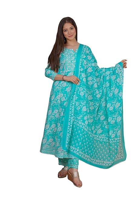 Women's Cotton Printed Embrodriery Anarkali Kurta with Palazzo & Dupatta Set