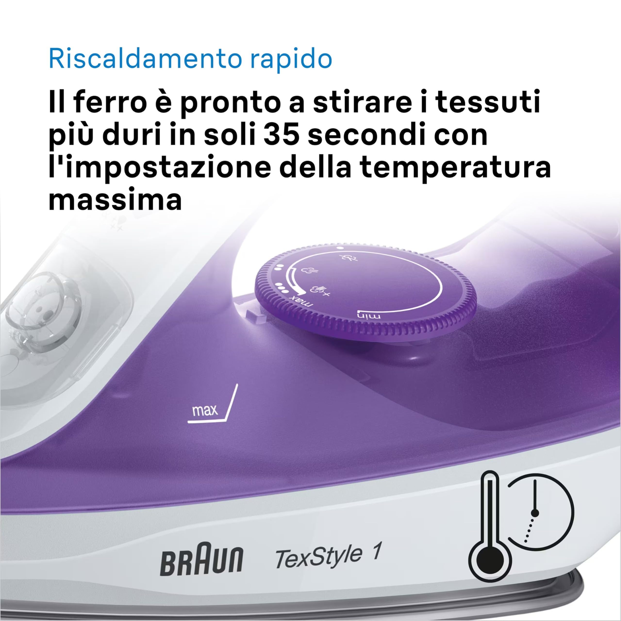 Braun TexStyle 1 SI1080VI, Ferro da Stiro CON 5 ANNI DI ASSISTENZA Piastra SuperCeramic, Punta di Precisione, 130g/min,Ricarica da 220ml, Eco Mode, Sistema Antigoccia, 2000W, Viola