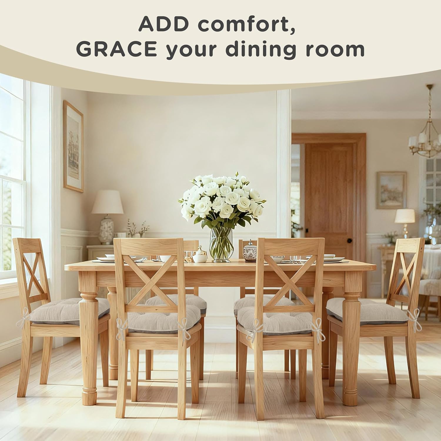 AddGrace Dining Chair Cushions Set of 2 Non-Slip Bottom Kitchen Chair Pads with Ties for Indoor Kitchen Furniture Comfy Soft Seat Cushions for Dining Room 18 x 16 x 3inch Cream