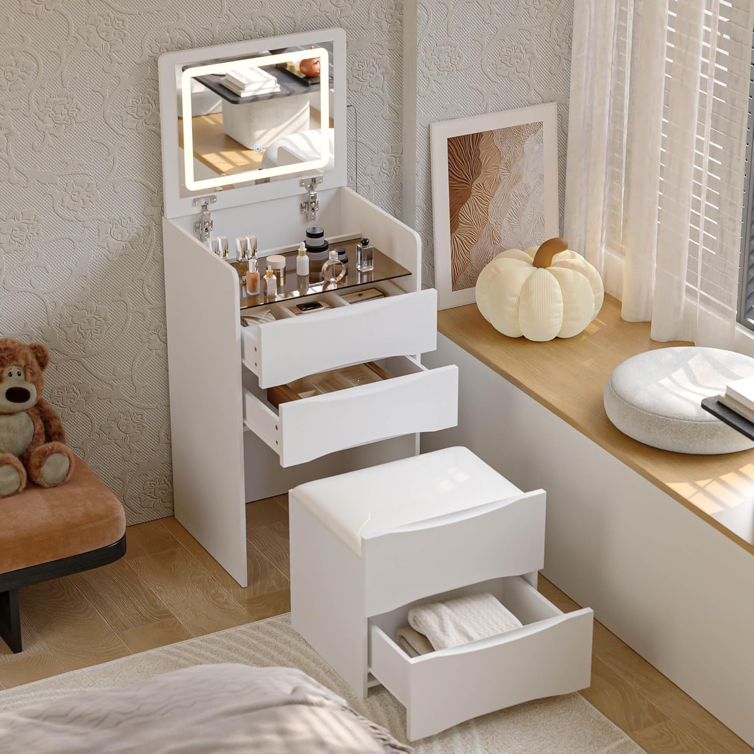 Timechee Vanity with Mirror and Lights, Small Foldable Cute Make up Vanity Desk with 3 Drawers, Hidden Chair, Shelves and Glass Tabletop for Bedroom, Dressing Room, White(18.7"x 15.7"x 47.2")