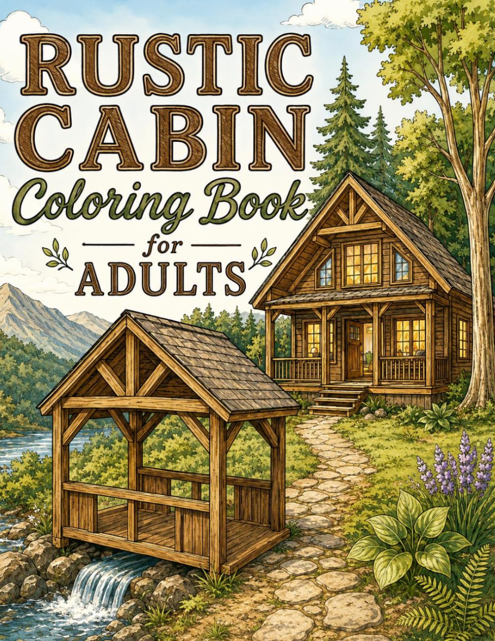 Rustic Cabin Coloring Book for Adults: 50 Cozy Cabins, Relaxing Landscapes, Cottagecore Homes, Country Retreats, and Peaceful Nature Scenes