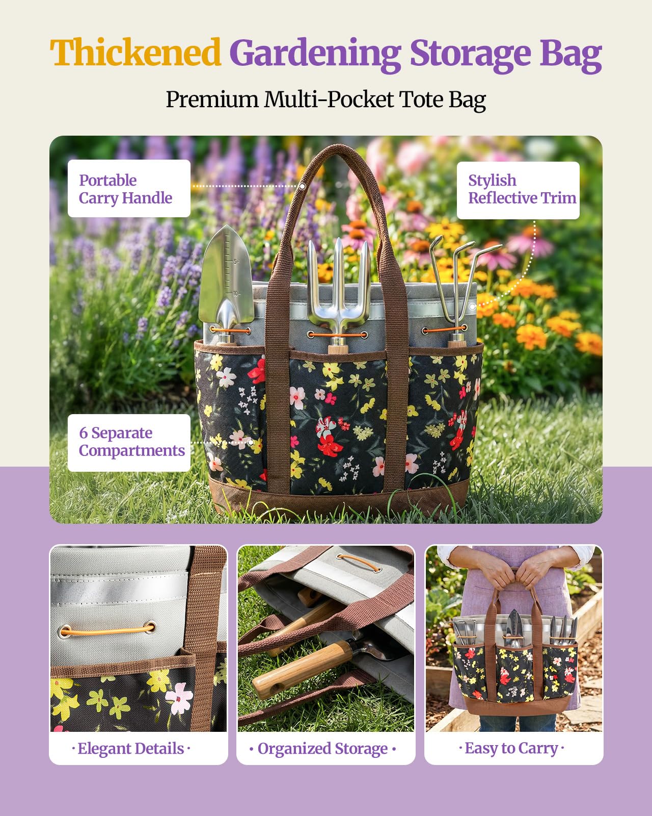 10-Piece Garden Tool Set, Heavy-Duty Stainless Steel Rust-Proof Gardening Tools with Ergonomic Wood Handles, Reinforced Organizer Handbag for Planting, Gardening Gift Set for Women, Mother - 5