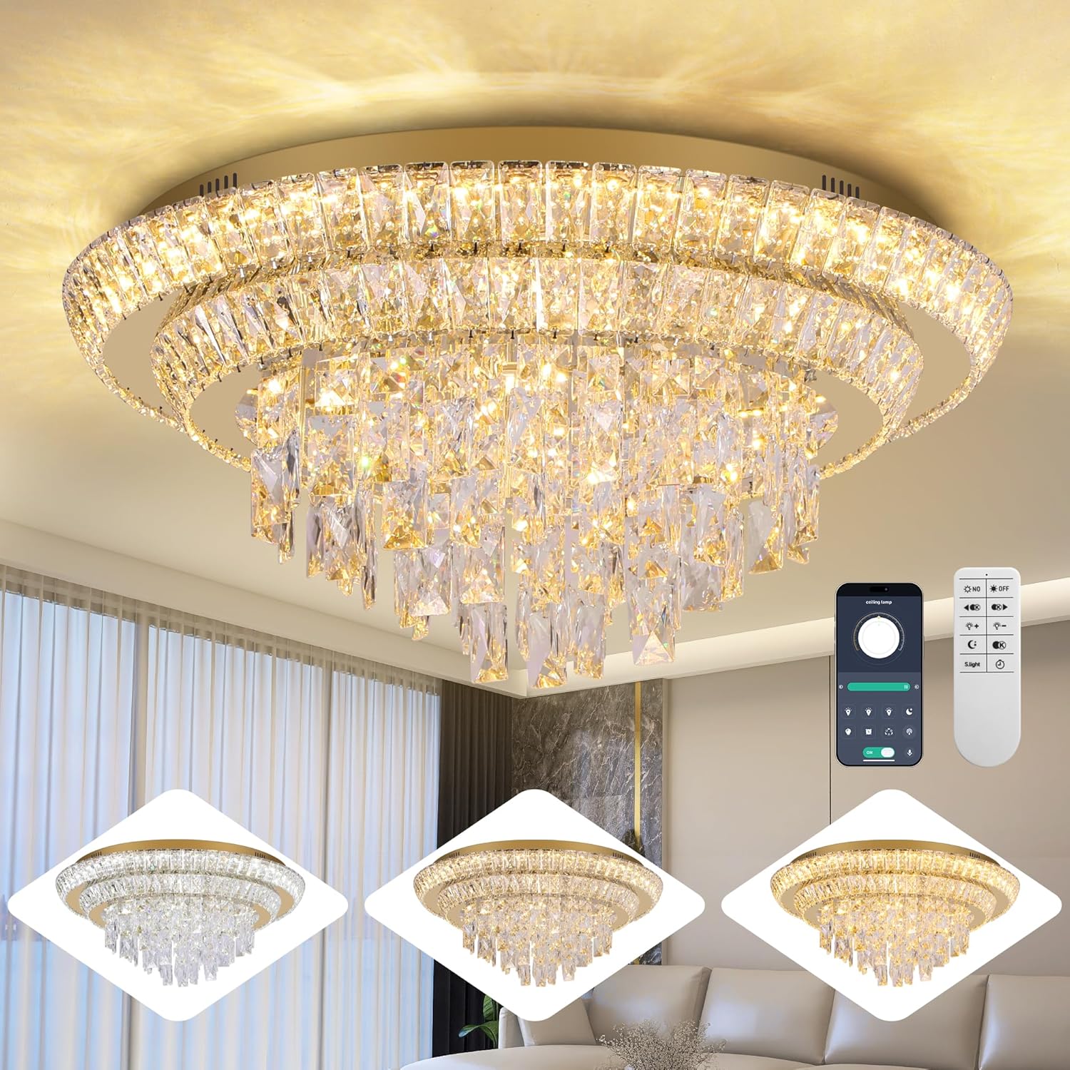 24 inch Crystal Gold Ceiling-Light Flush Mount with Remote Control and APP, 3CCT Dimmable & Brightness Adjustable, Modern Crystal Raindrop Chandeliers for Bedroom Hallway Dinning Room Living Room Gold 24 inch