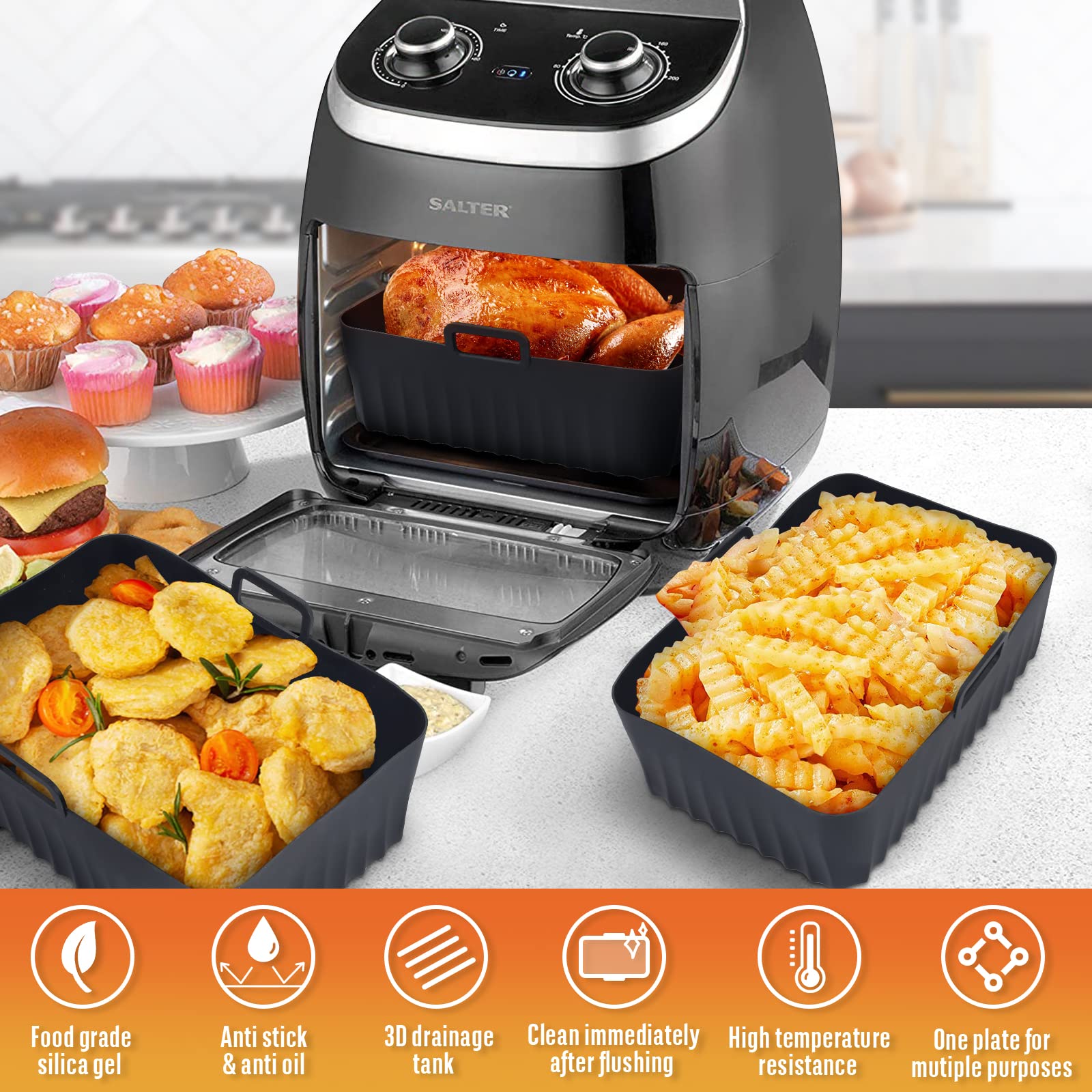 Accessori Per Friggitrice Ad Aria Ninja - 2 Teglie In Silicone, Carta Forno Riutilizzabile