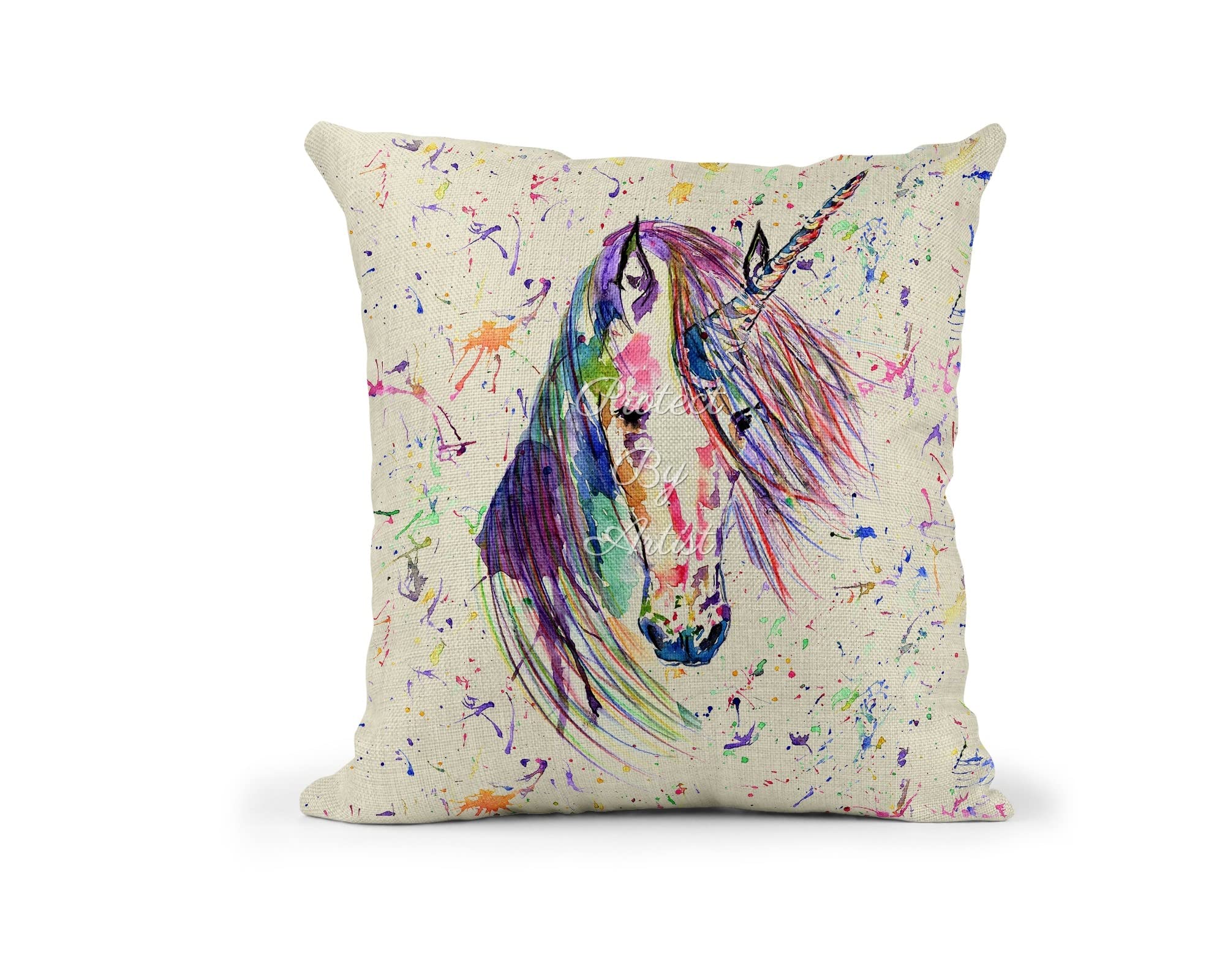 Vixar Unicorn Watercolour Rainbow Art Linnen Cushion With filling or cover only, 40x40cm, gift, christmas, Birthday (Cover Only) (Cover Only)