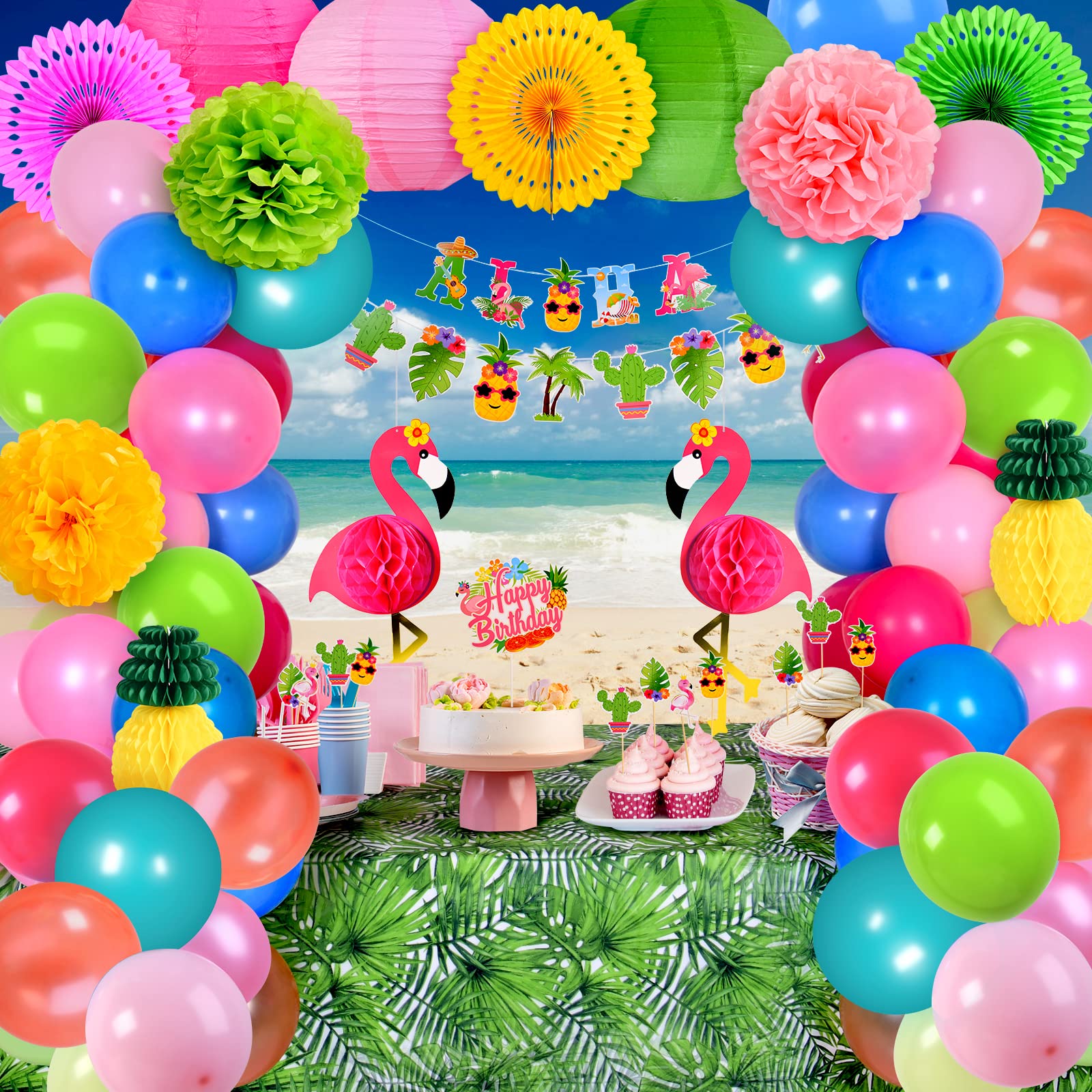 CACOLULU Hawaiian Luau Fiesta Party Decoration (80 Pcs), Tropical Summer Beach Themed Birthday Party Supplies Includes Flamingo Banner Tissue Pineapple Tablecloth Balloon Caketopper